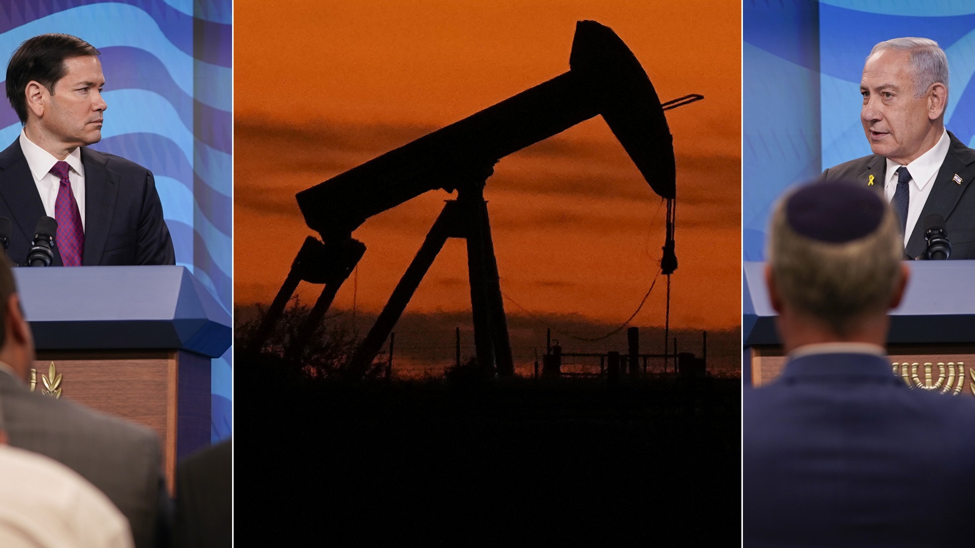 Silhuett av en oljepump mot orange himmel, flankerad av två män vid podier under en diskussion om energi.