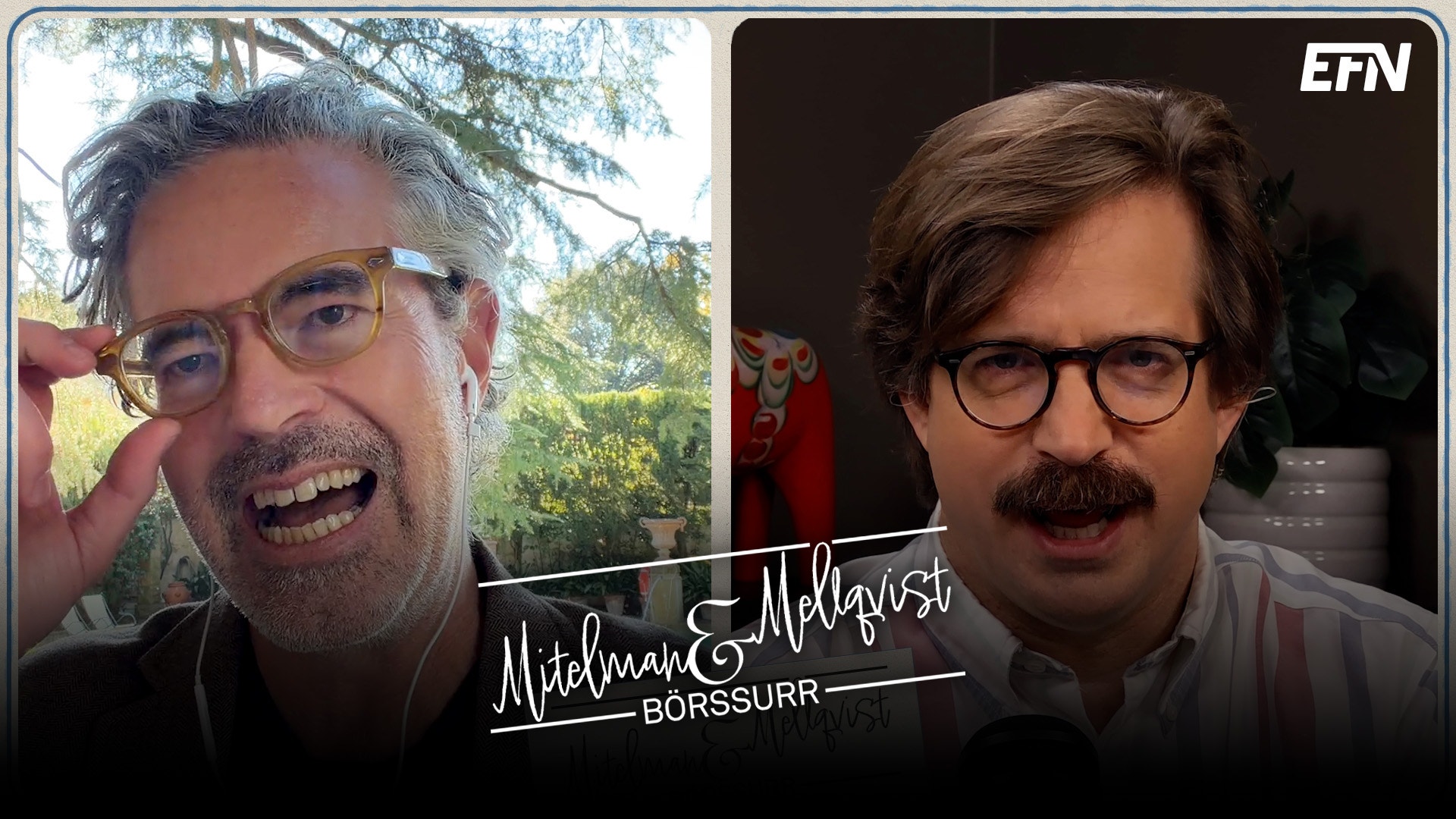 Två män i en videosamtalsbild för podden Mitelman & Melqvist Börssurr. Mannen till vänster har grått lockigt hår och glasögon, mannen till höger har mustasch och runda glasögon.