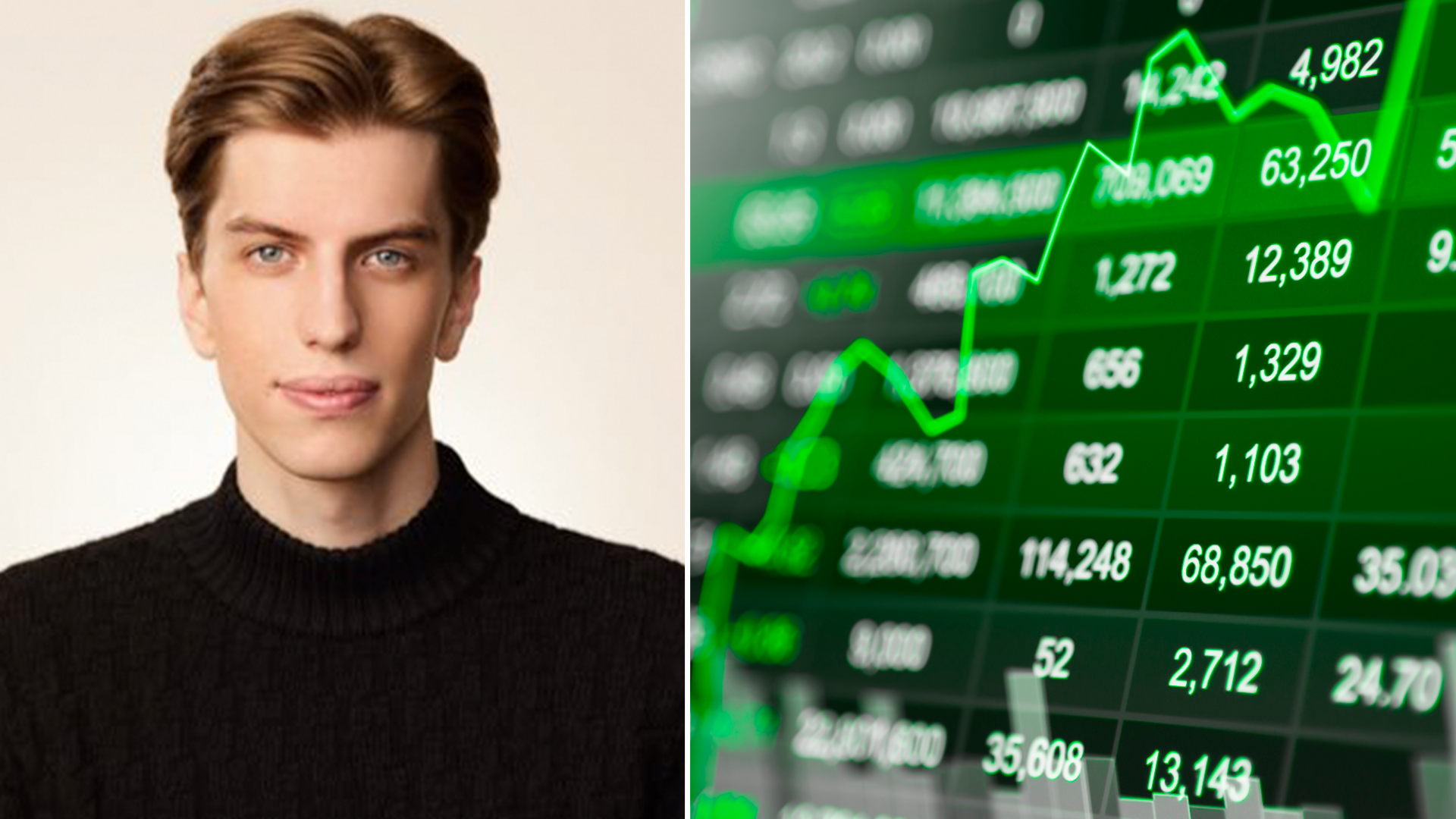 En man i svart tröja bredvid ett grönt börsdiagram med stigande trendlinjer och finansiella siffror.