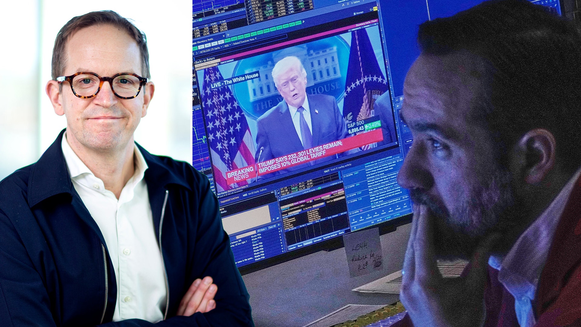 Man i glasögon och kostym på vänster sida, man vid datorskärmar med finansiell data och nyhetssändning på höger sida.