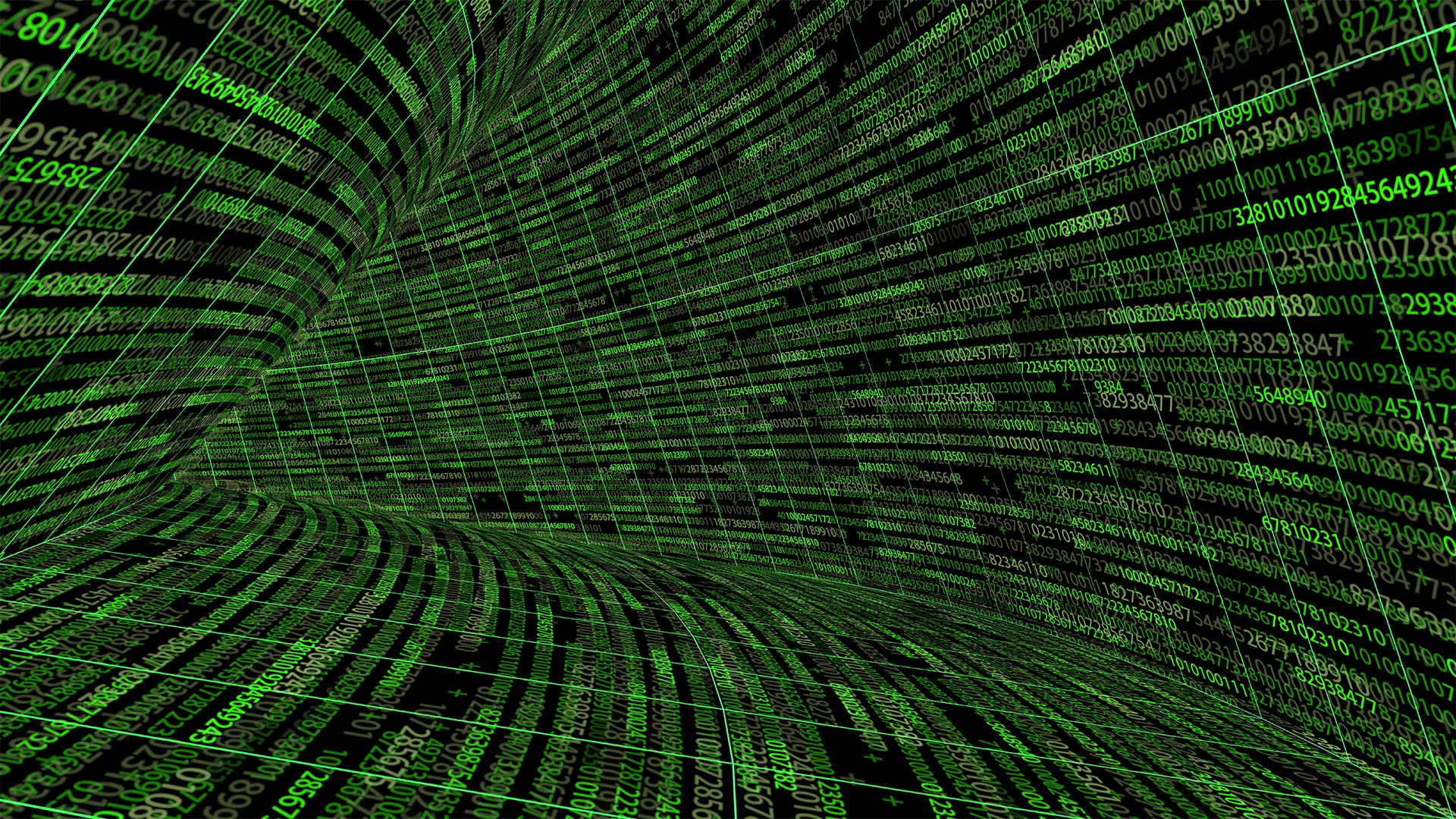 Grön binär kod och siffror som strömmar i en 3D-tunnel, vilket symboliserar digital teknik och dataflöde.