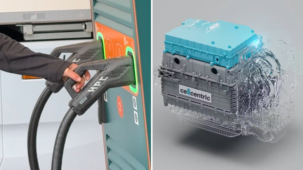 Elfordon laddas med laddkabel och illustration av battericell med cellcentric-märkning