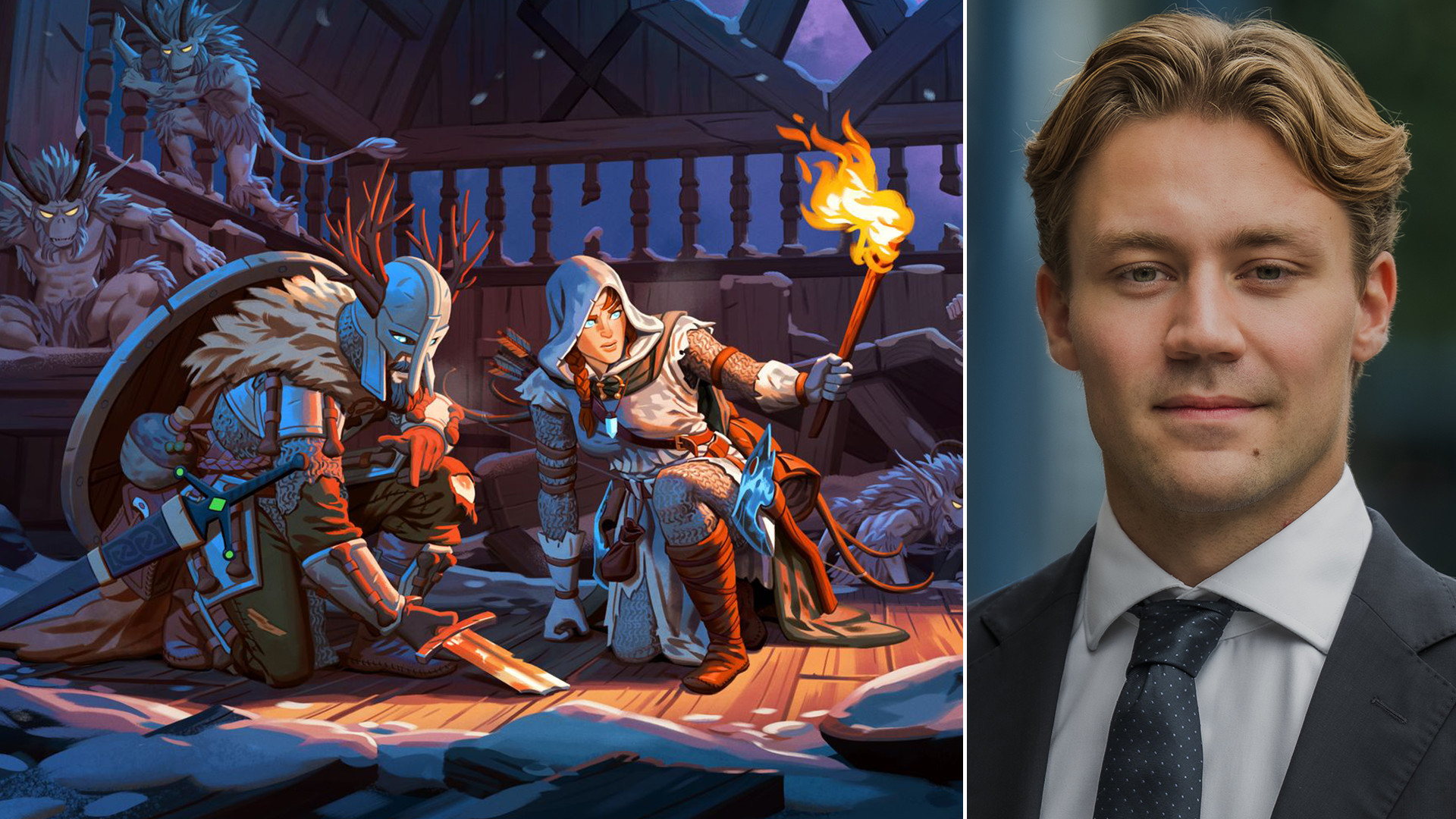 Sammansatt bild med en spelscen från Valheim på vänster sida som visar fantastiska karaktärer och magiska effekter, och ett porträtt av en man i kostym på höger sida.