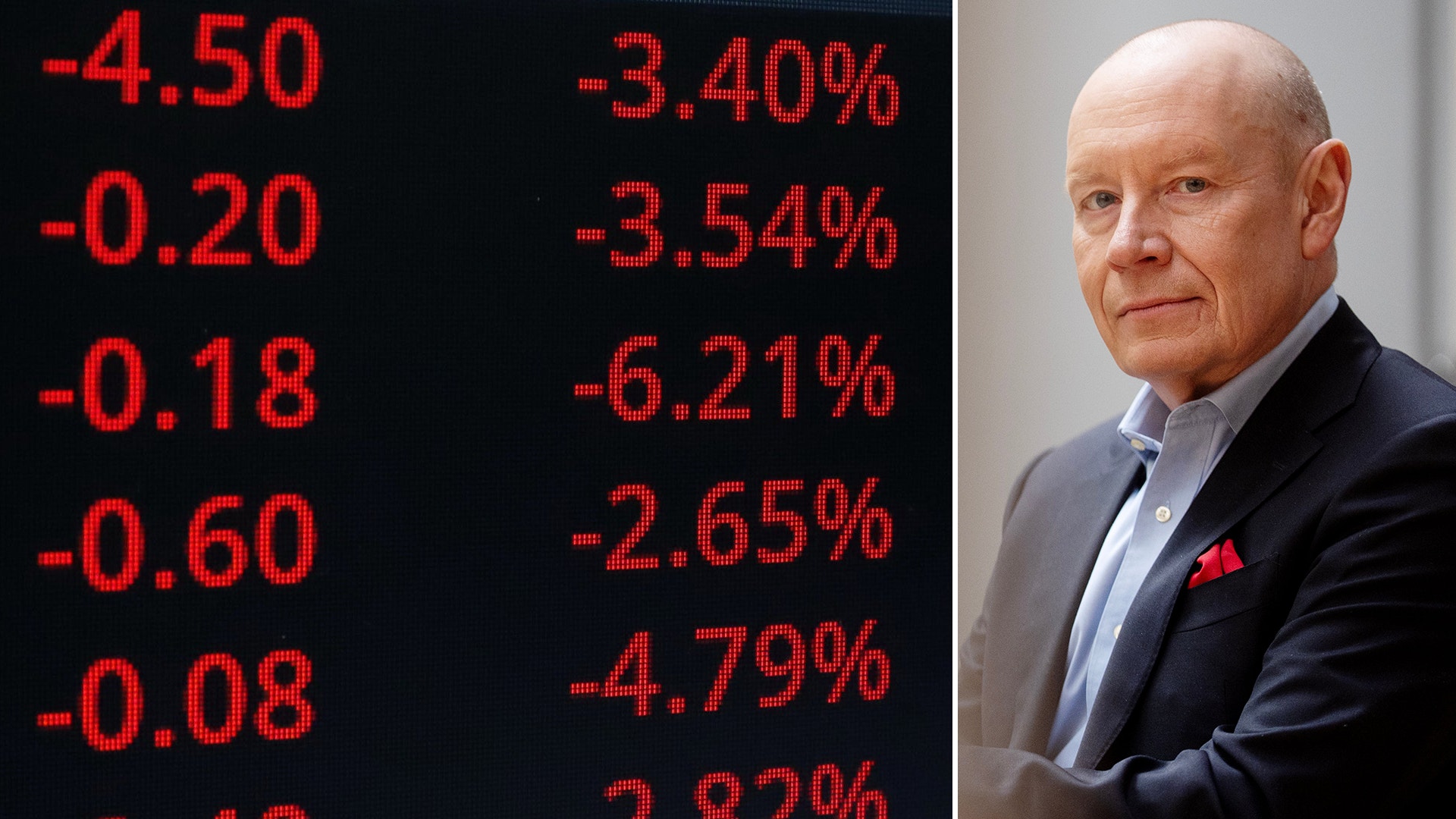 Man i affärskläder med finansiell data och röda siffror som visar negativa värden och procentuella förändringar.