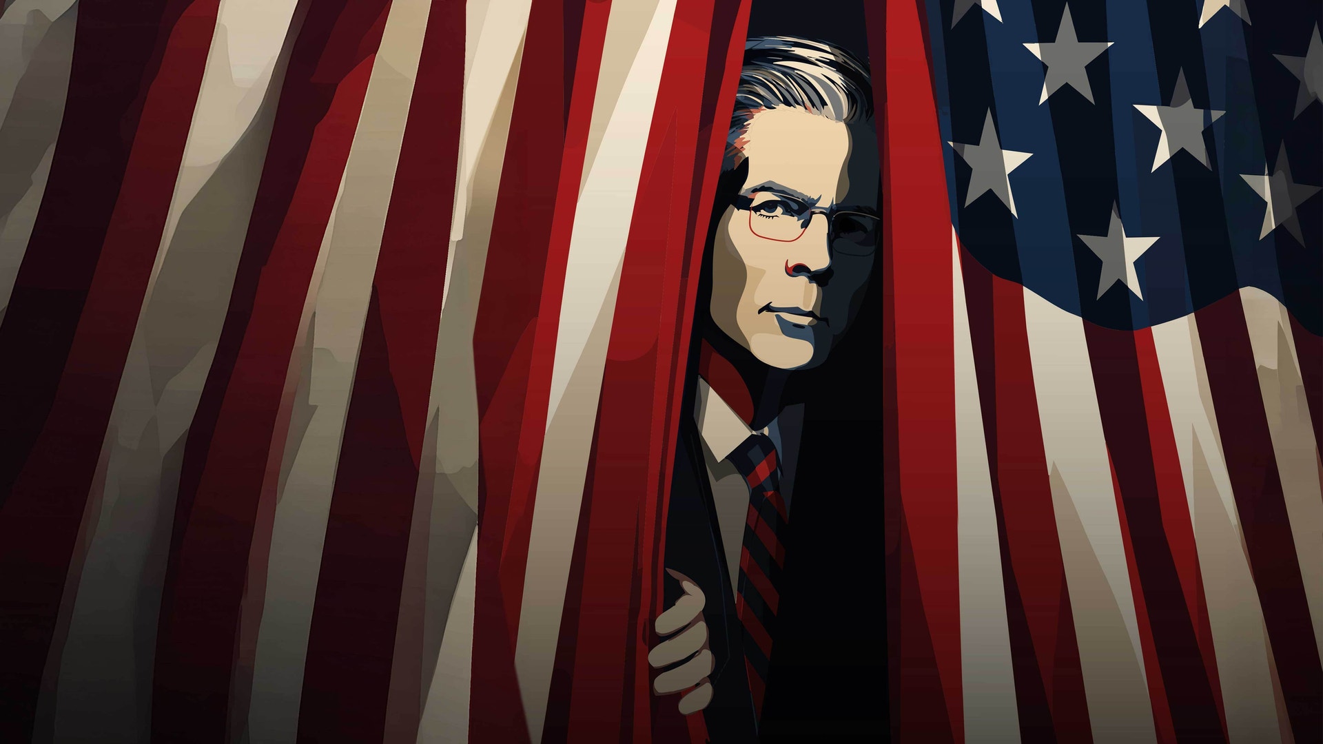 Illustration av en man i kostym och glasögon som tittar fram bakom en amerikansk flagga.