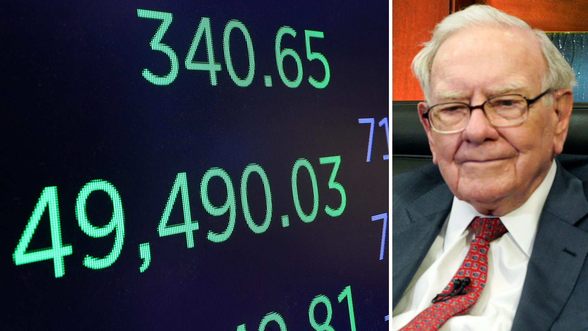 Delad bild med börskurser i grönt på vänster sida och porträtt av Warren Buffett på höger sida.