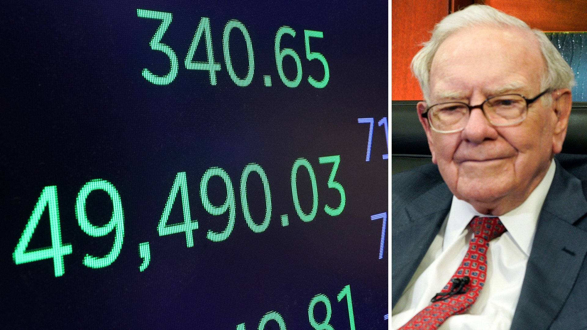 Delad bild med börskurser i grönt på vänster sida och porträtt av Warren Buffett på höger sida.