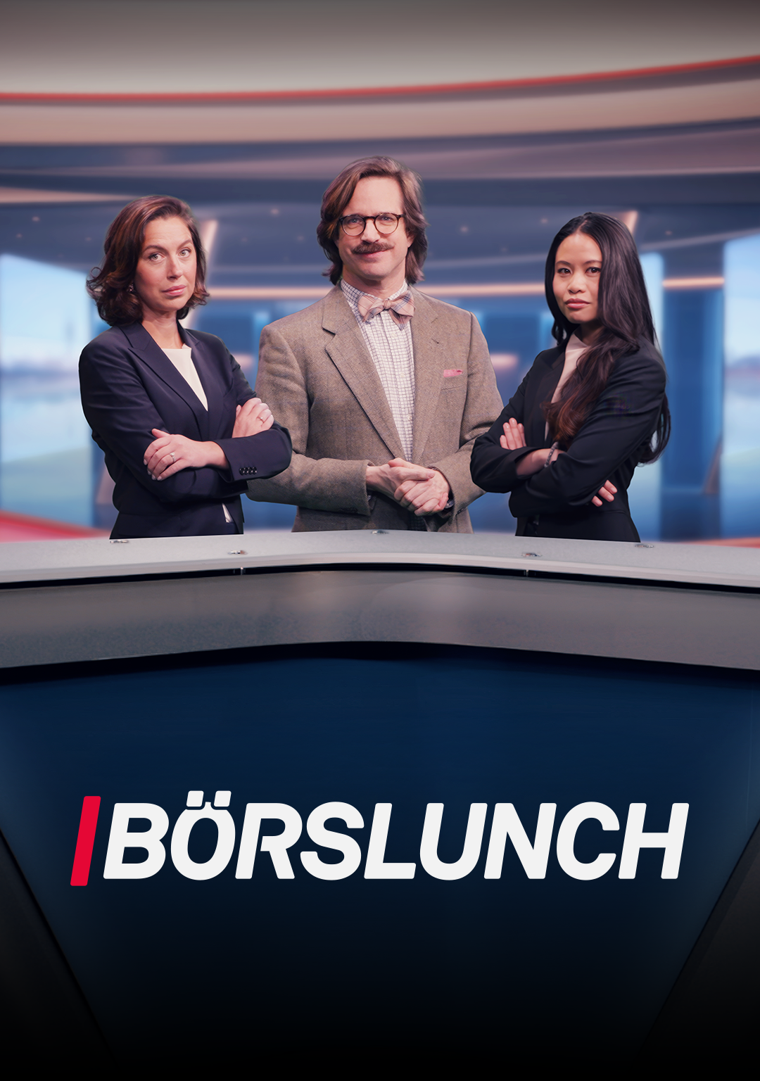 Tre programledare med korsade armar står bakom en studiodisk. Under dem står programnamnet Börslunch.