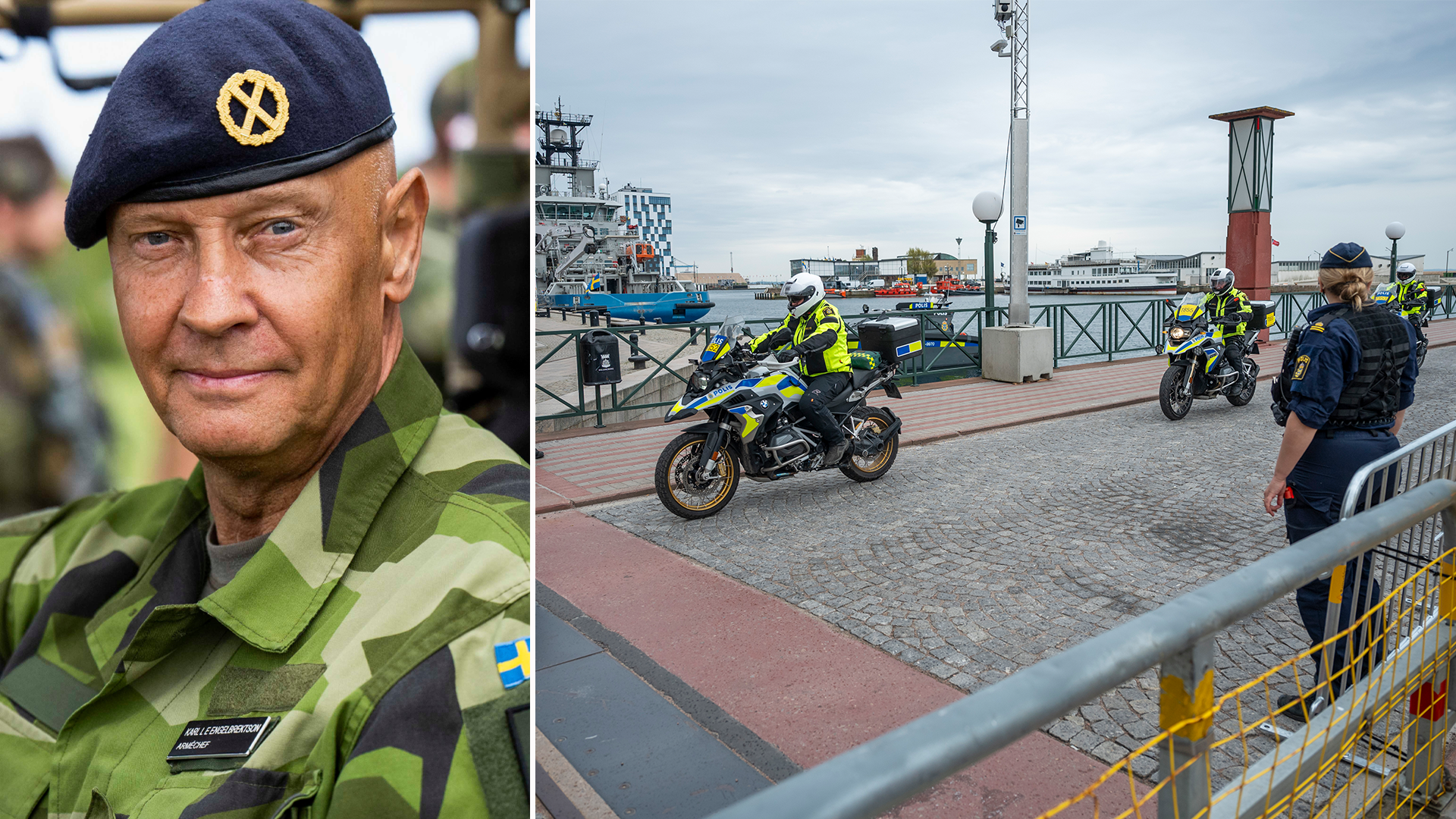 Sammansatt bild: Till vänster en militär officer i grön uniform och blå baskermössa. Till höger motorcyklister i gul och svart utrustning på en kaj med båtar i bakgrunden.