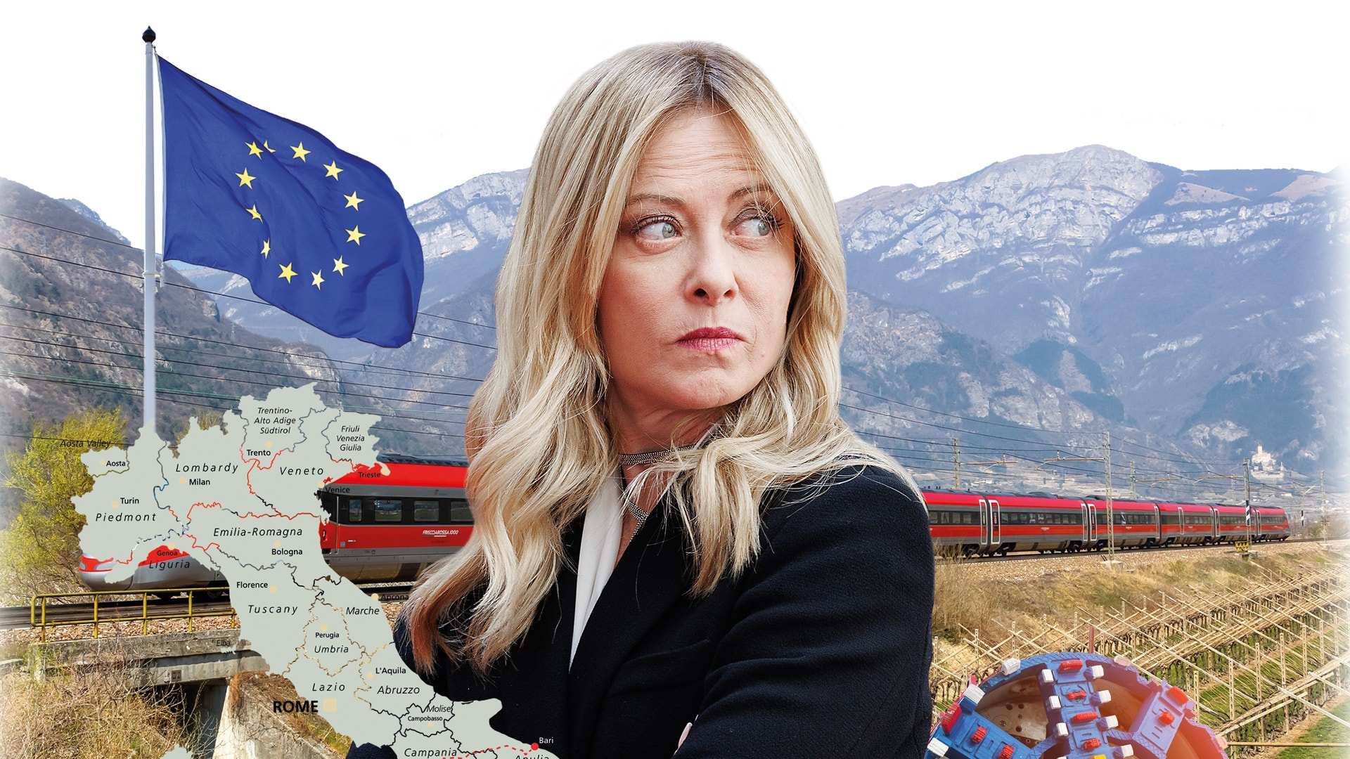 Porträtt av en kvinna med europeisk flagga, tåg, karta och vingård i bakgrunden som symboliserar europeisk politik och infrastruktur.