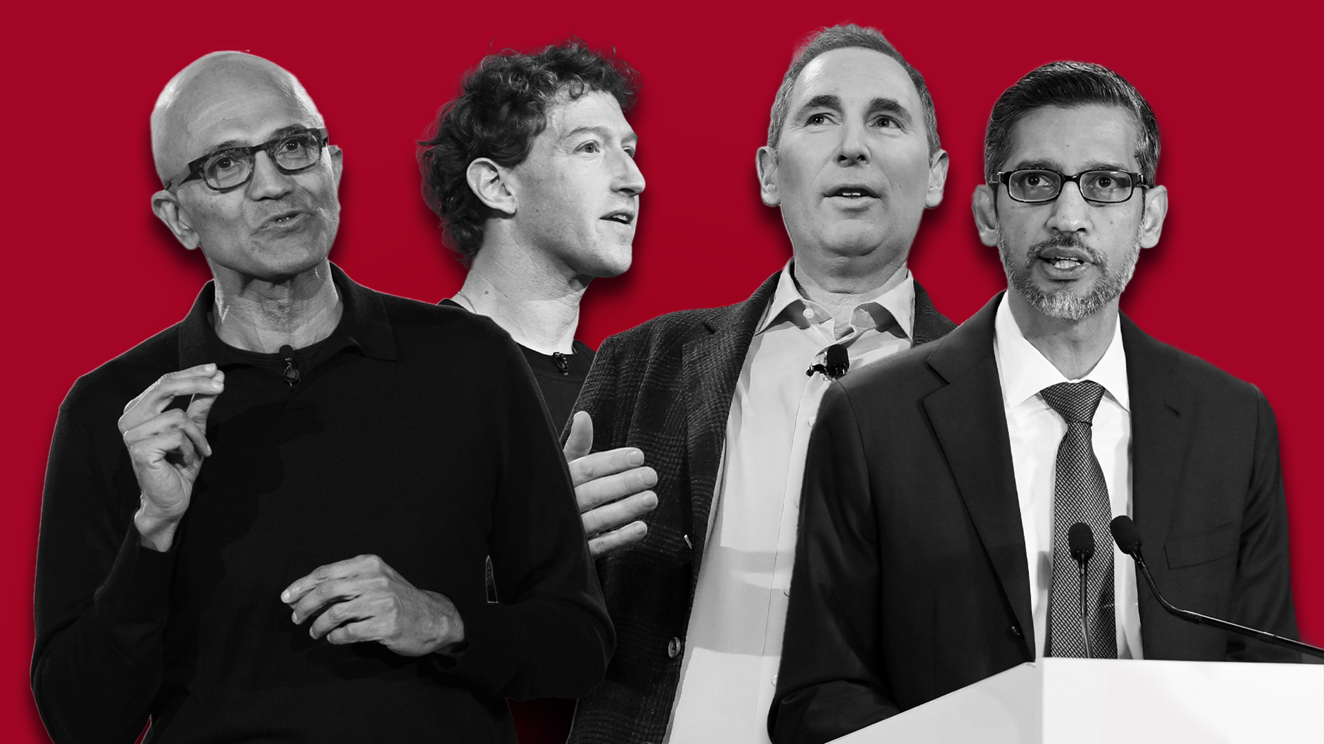 Illustration av fyra män mot röd bakgrund. Svartvit porträttbild av framstående personer inom teknikbranschen.