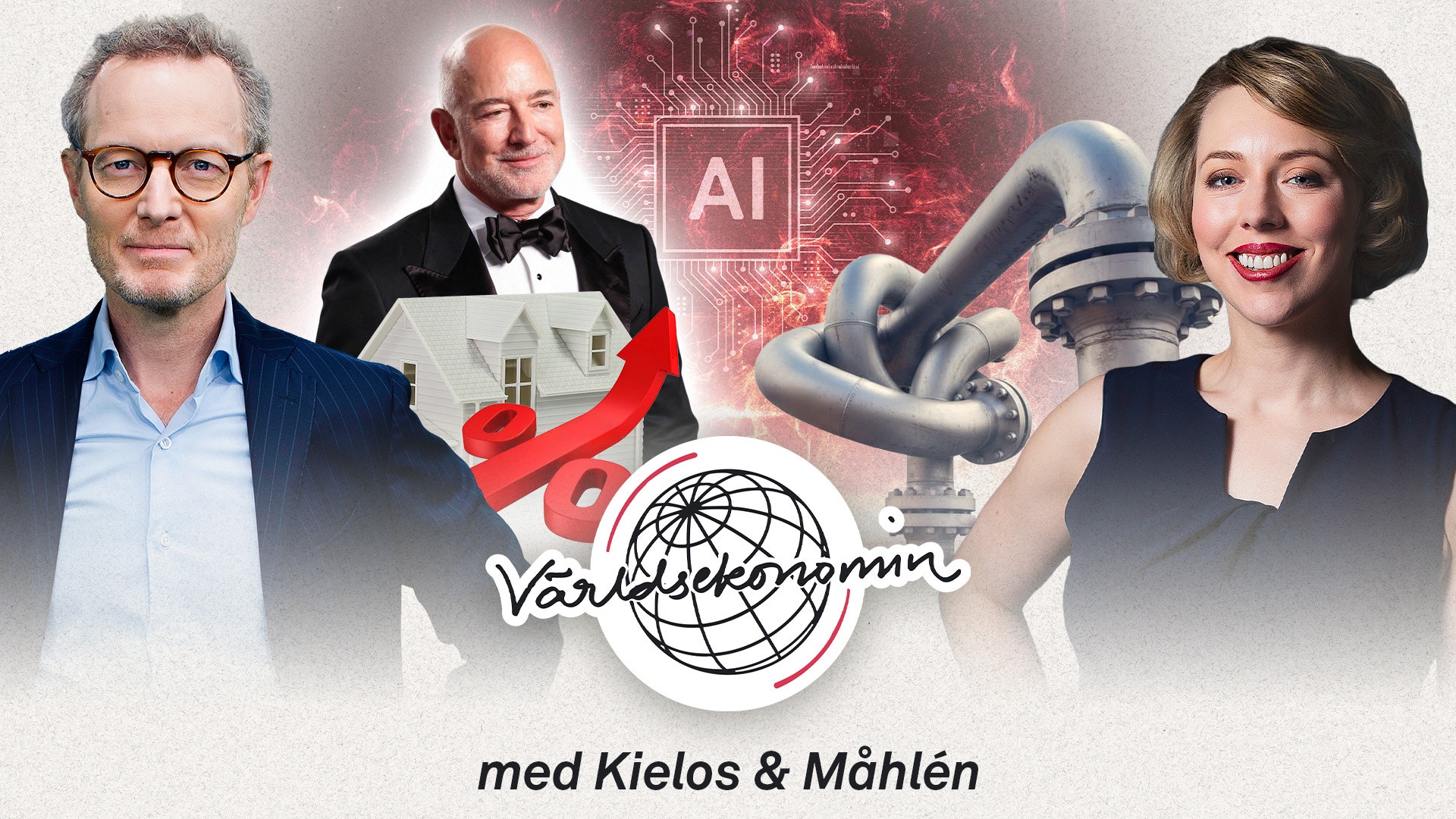 Tre personer presenteras tillsammans med AI-symboler och teknologiska element, samt texten "Världsekonomin med Kielos & Måhlén"