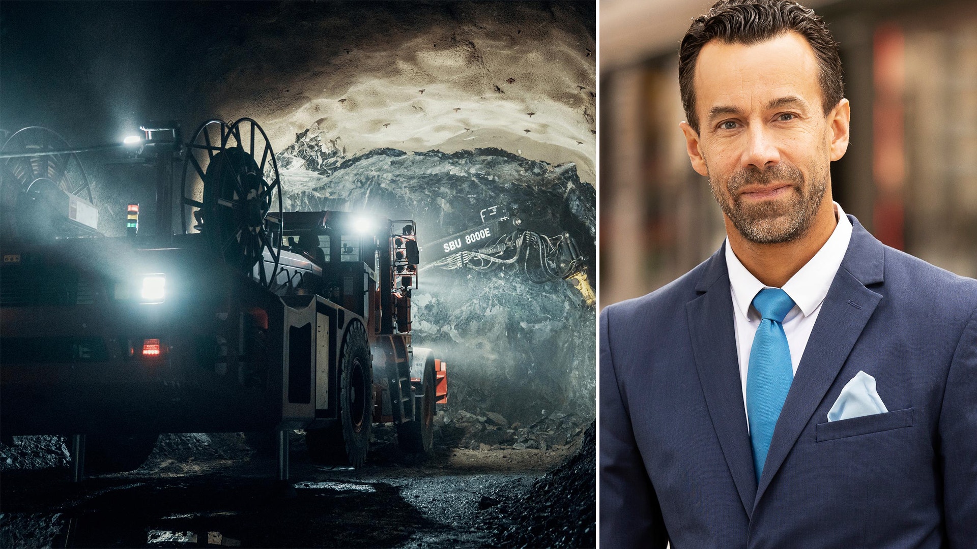 Sammansatt bild som visar en gruva med gruvmaskiner på vänster sida och en man i formell kostym på höger sida.