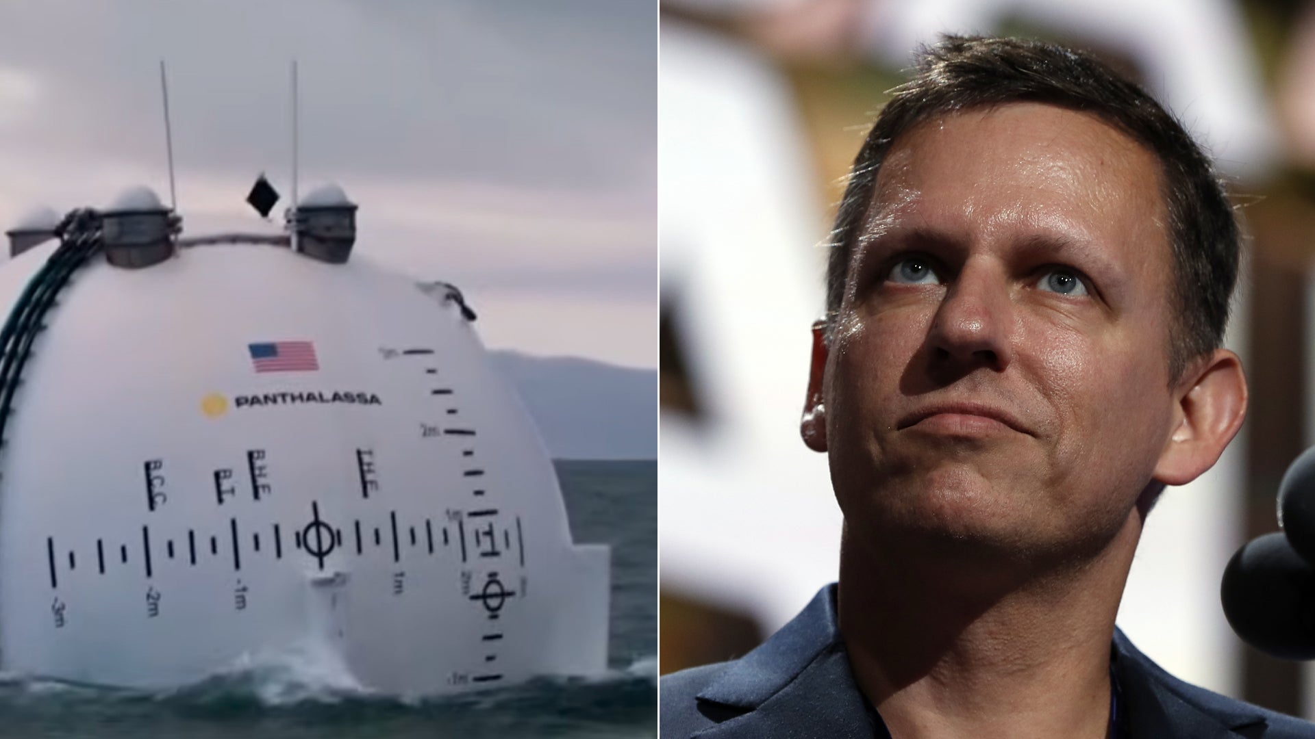 Sammansatt bild som visar en vit undervattensfarkost med mätskala på vänster sida och en man i porträtt på höger sida.