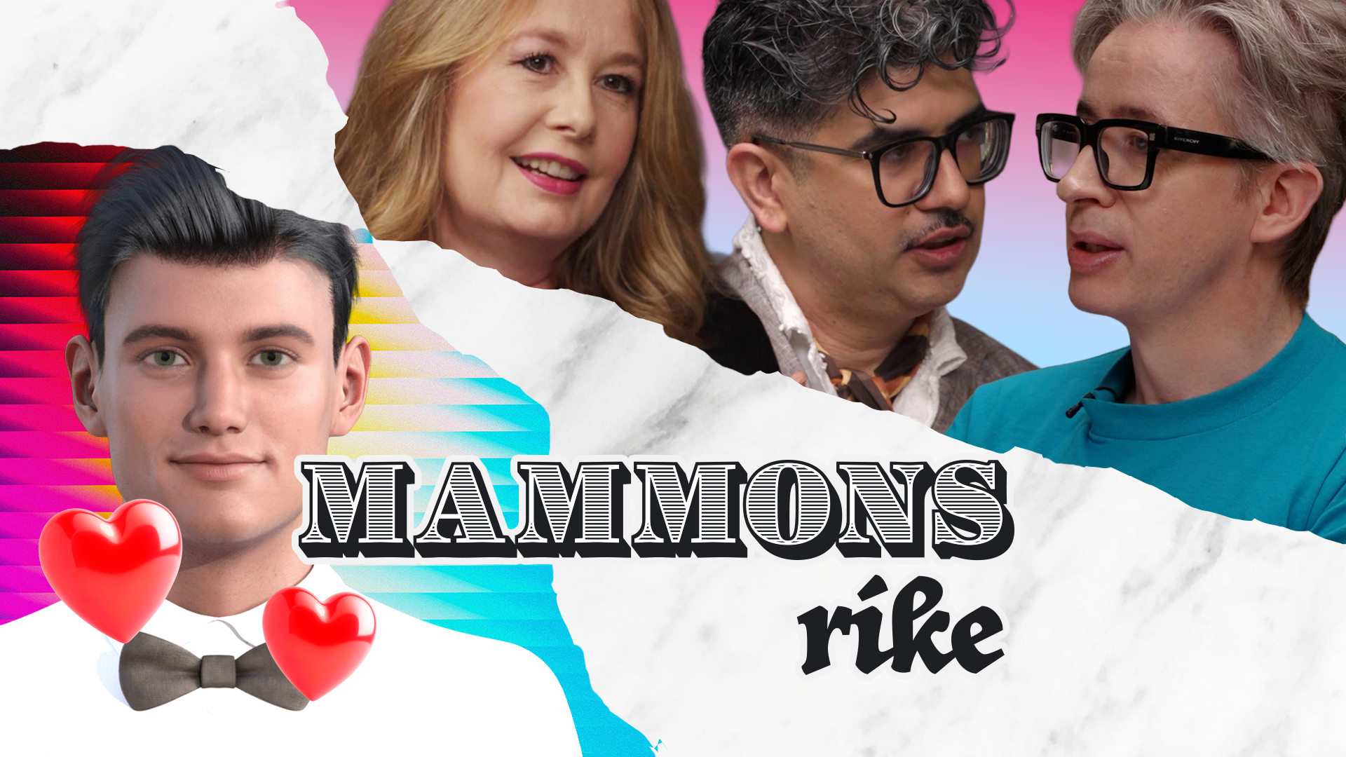 Ett montage med en animerad man med två hjärtan framför sig till vänster, och mammons-panelen till höger.