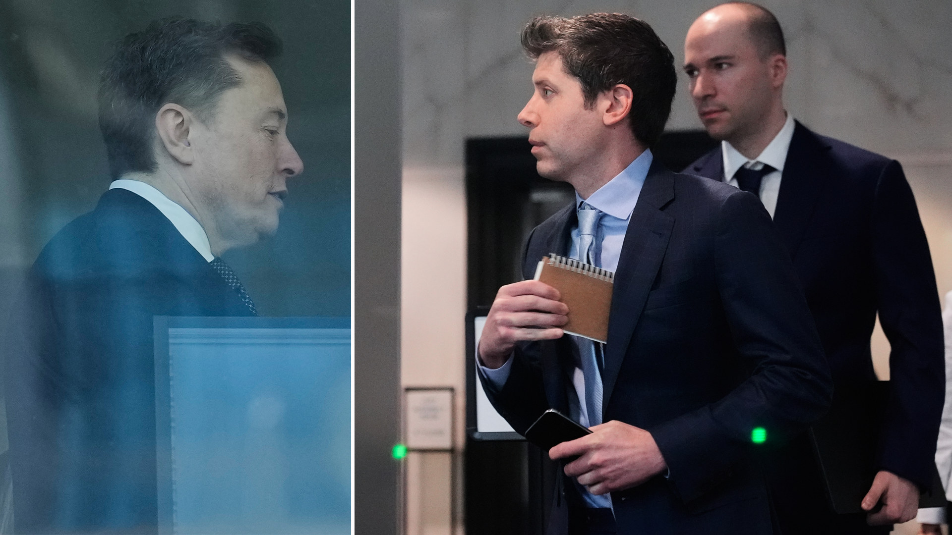 Två män i affärskläder diskuterar medan en tredje man observerar bakom ett glasfönster.