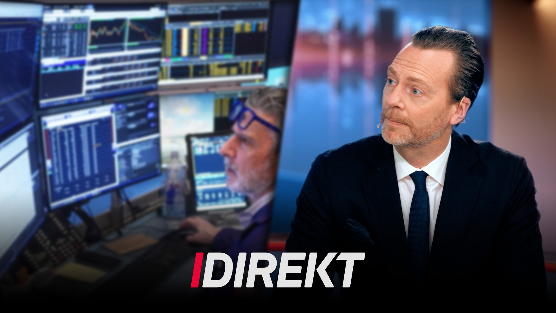 Man i kostym intervjuas i tv-studio med finansiella skärmar i bakgrunden