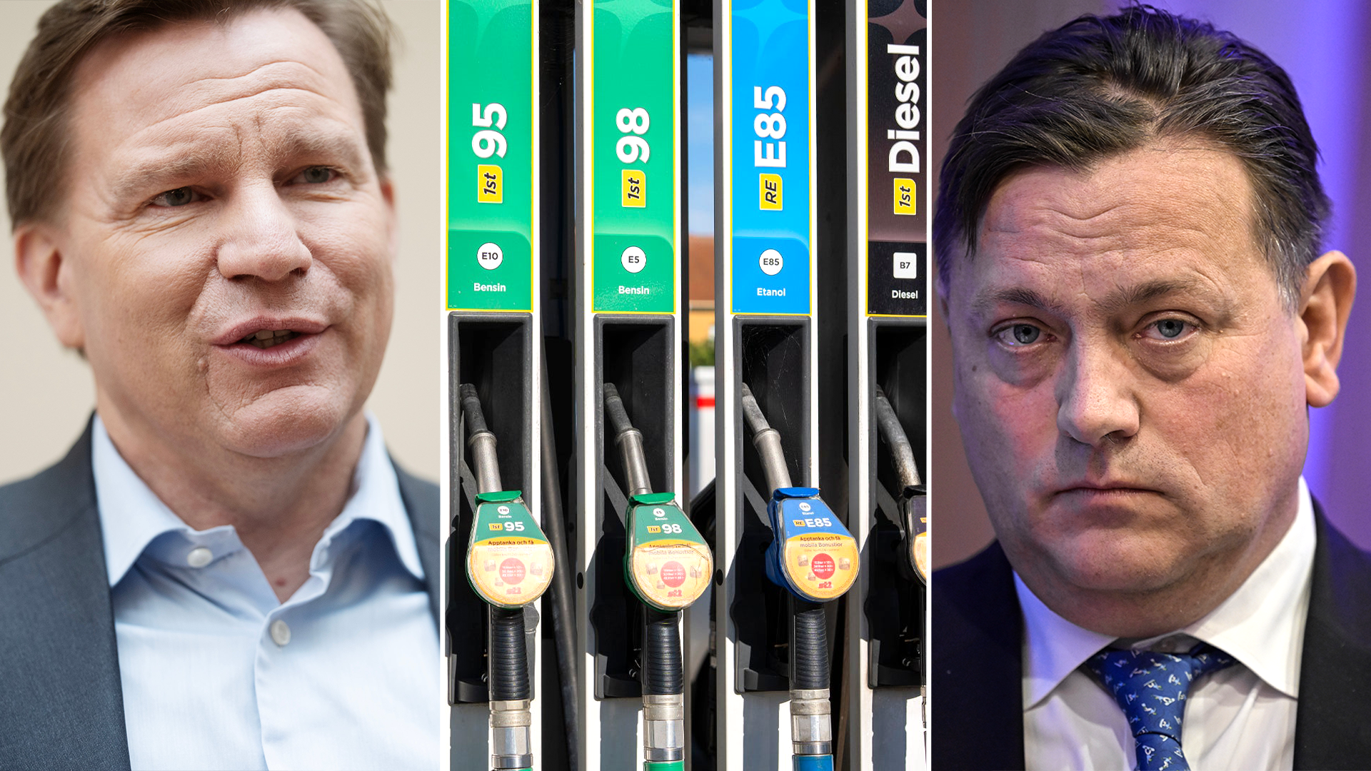 Bildkollage med två män i kostym och bensinpumpar med olika drivmedel emellan dem.