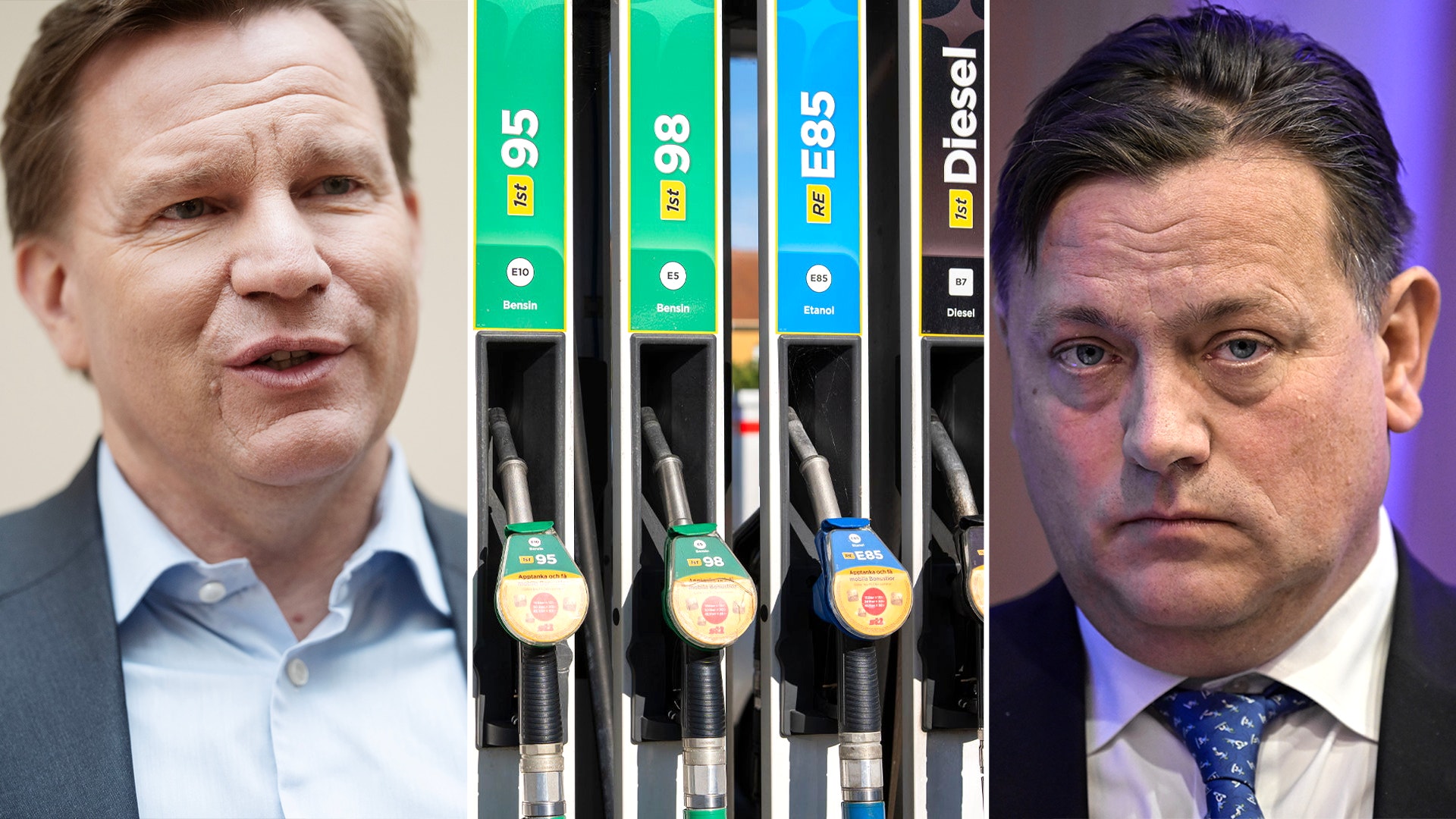 Bildkollage med två män i kostym och bensinpumpar med olika drivmedel emellan dem.