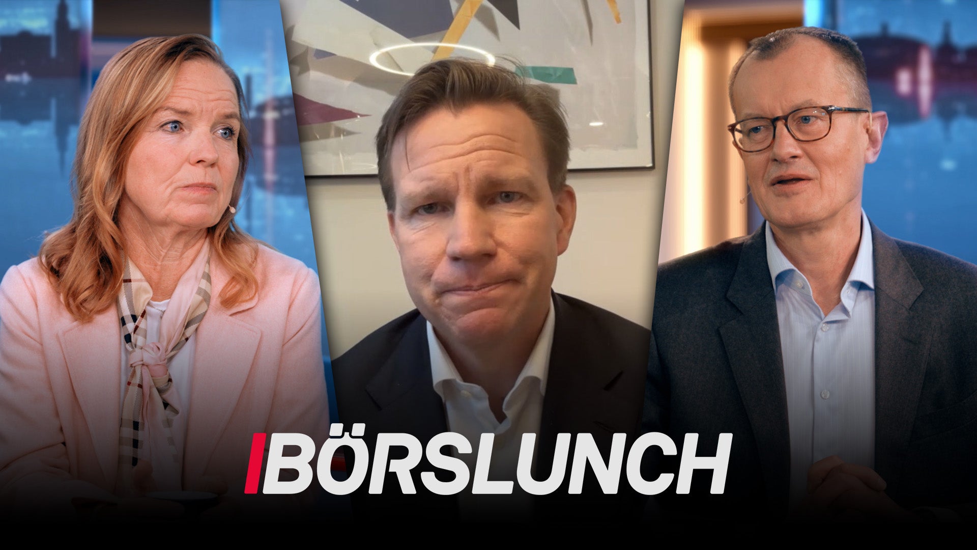 Tre personer i en TV-studio diskuterar finansiella nyheter i programmet Börslunch.