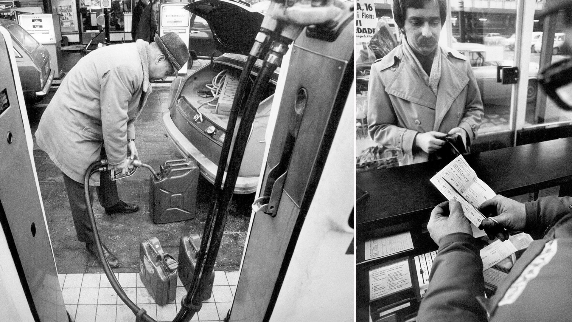 Svartvit fotografi från en bensinstation under oljekris, visar person som tankar bränsle och person med ransoneringsticket.