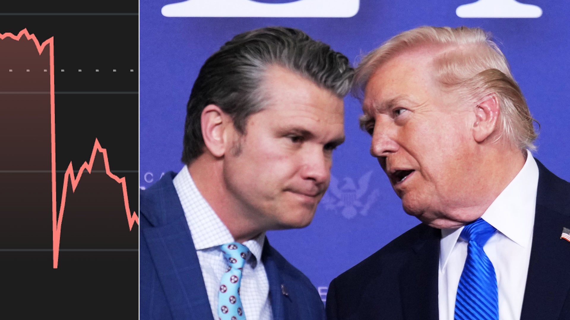 Två män i kostym diskuterar framför blå bakgrund med fallande aktiekurs.