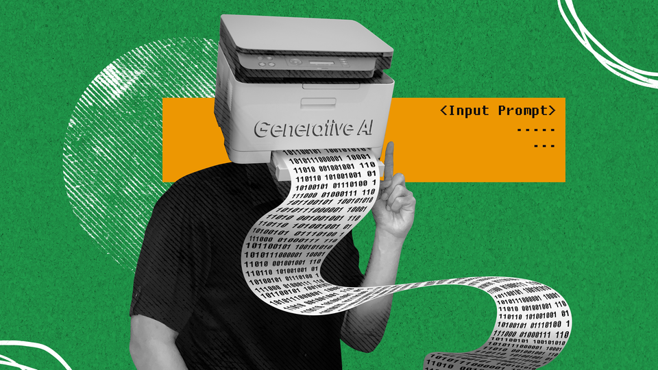 En illustrerad collage som visar en person i svart kläder mot en grön bakgrund. Personen håller en vit skrivare märkt "Generative AI" framför sitt ansikte. Från skrivaren strömmar ut en lång remsa med binär kod och siffror. En orange etikett med texten "<Input Prompt>" och prickar är placerad på höger sida. Vita dekorativa linjer och former omringar scenen, vilket skapar en modern och teknologisk känsla.