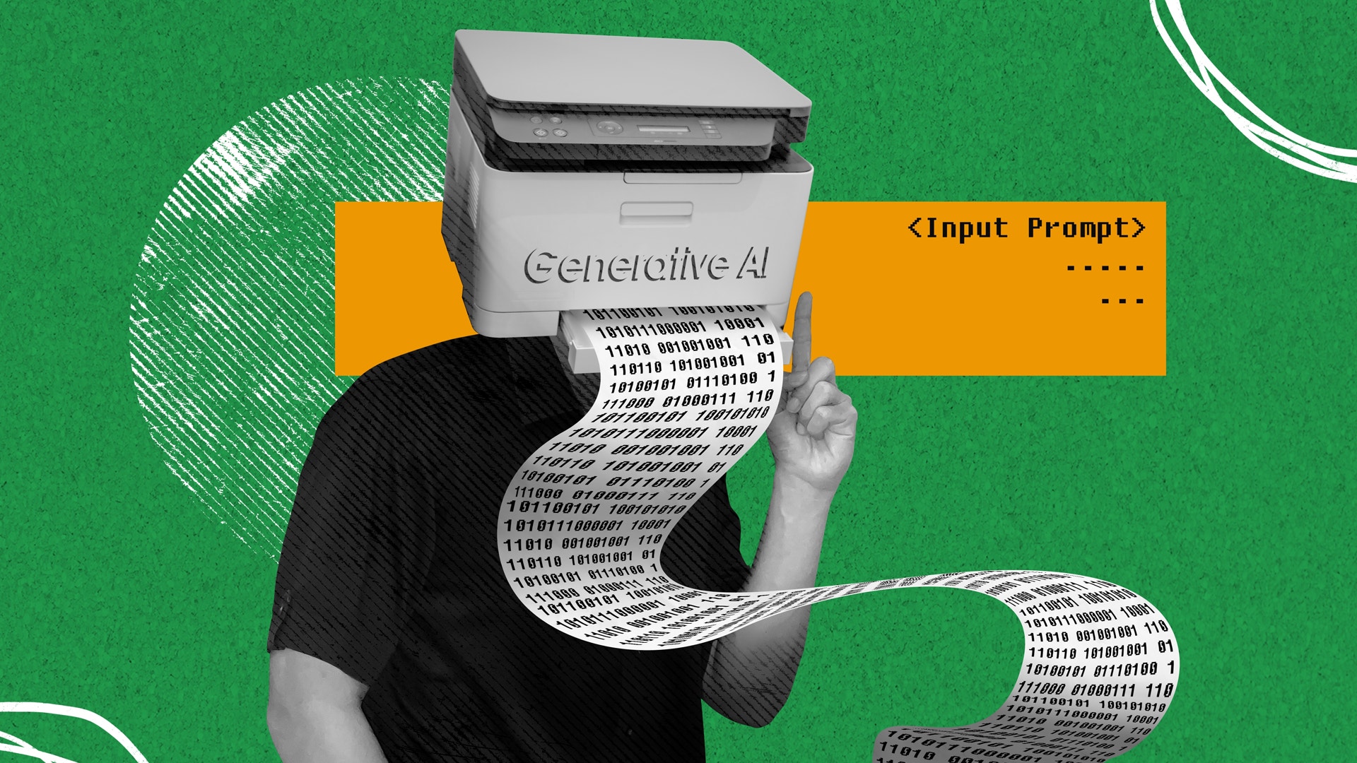 En illustrerad collage som visar en person i svart kläder mot en grön bakgrund. Personen håller en vit skrivare märkt "Generative AI" framför sitt ansikte. Från skrivaren strömmar ut en lång remsa med binär kod och siffror. En orange etikett med texten "<Input Prompt>" och prickar är placerad på höger sida. Vita dekorativa linjer och former omringar scenen, vilket skapar en modern och teknologisk känsla.