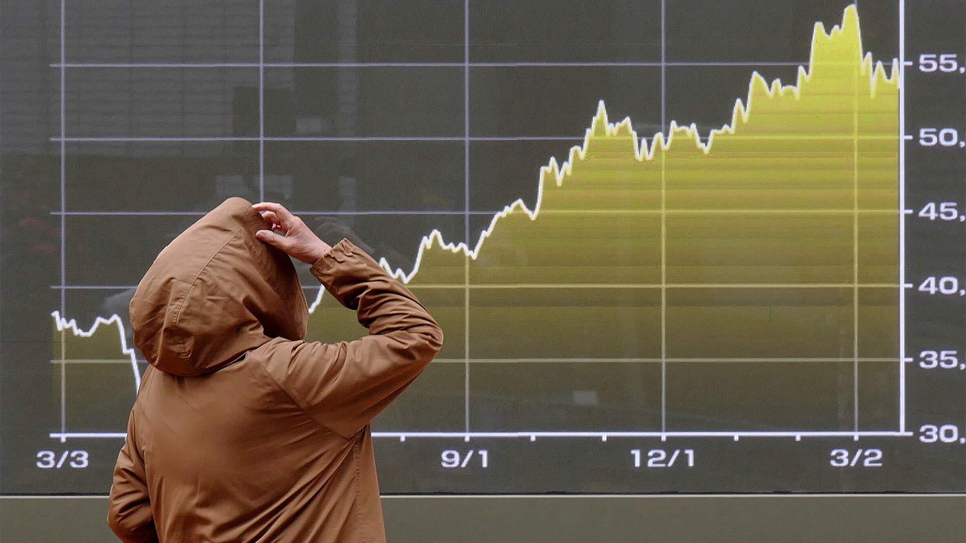 Person tittar på en stigande aktiekurs på en finansiell graf