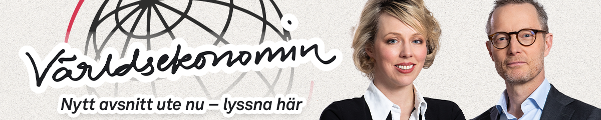 Bannerbild för Världsekonomin podcast med två personer och texten "Nytt avsnitt ute nu – lyssna här"