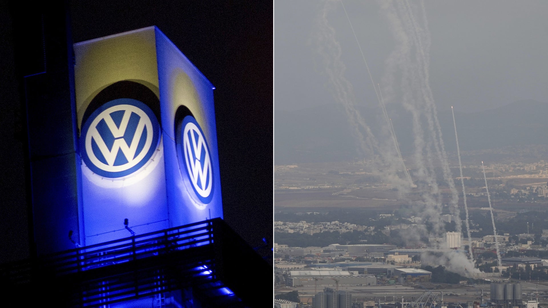 Delad bild med Volkswagen-logotyp belyst i blått på vänster sida och stadsvyn från luften med himmelstreck på höger sida.