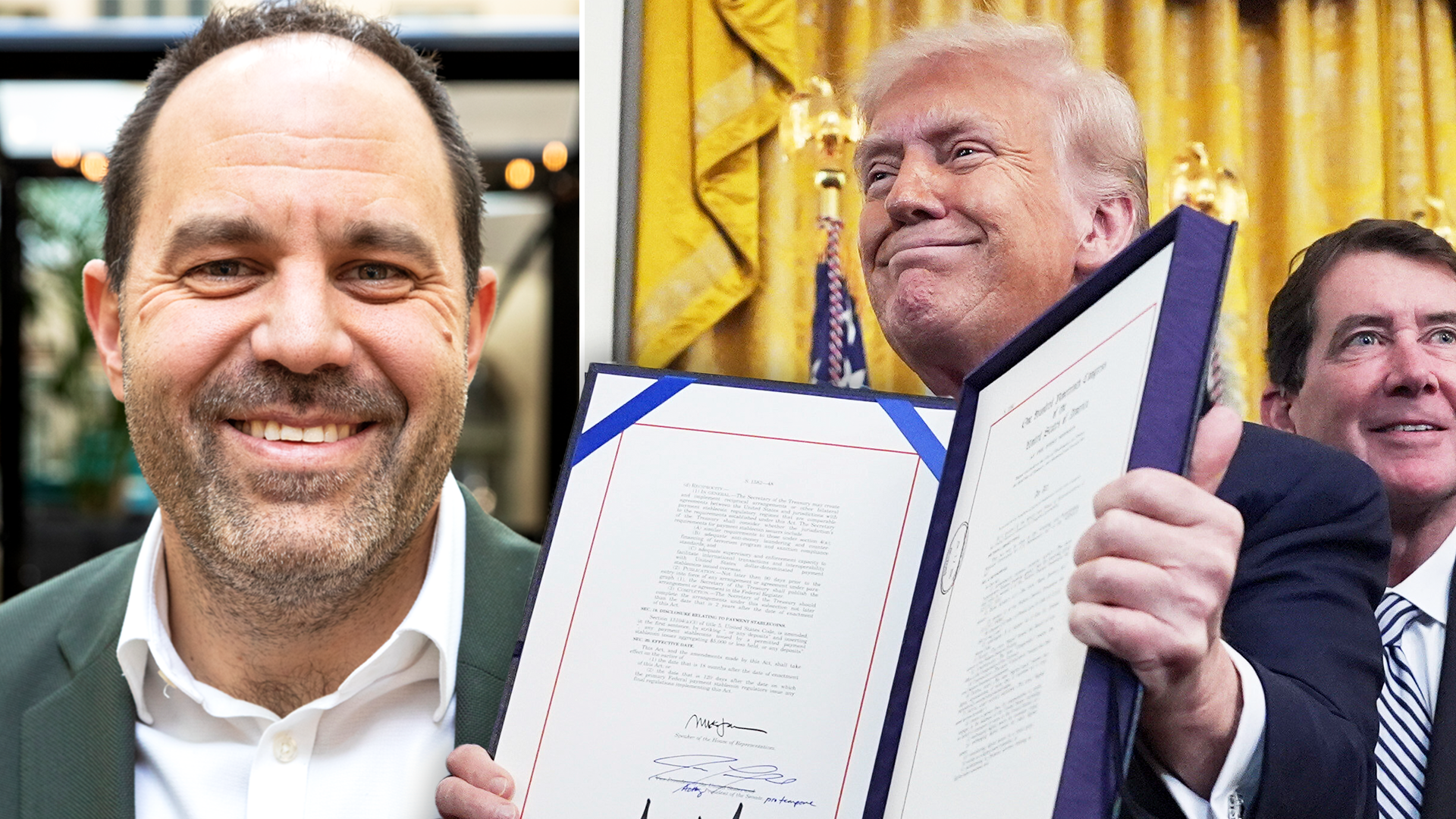 Michel Gubel, valutaanalytiker på Handelsbanken och Donald Trump i ett montage efter genomröstade Genius Act. 