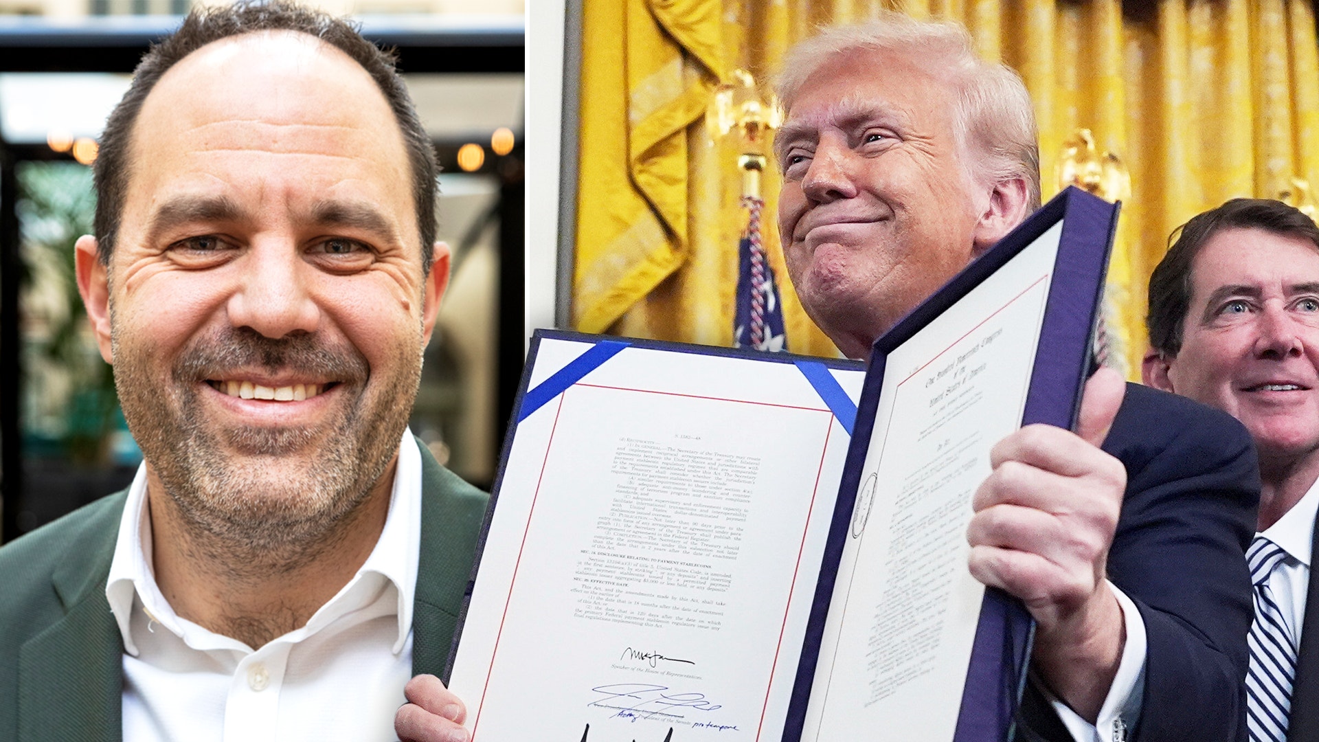 Michel Gubel, valutaanalytiker på Handelsbanken och Donald Trump i ett montage efter genomröstade Genius Act.