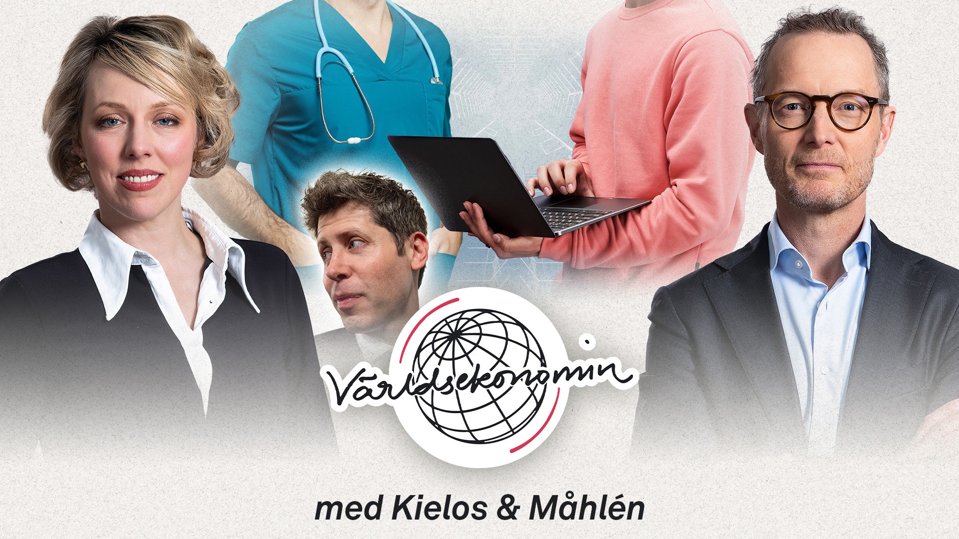 Porträtt av sjukvårdspersonal inklusive läkare och sjuksköterska med logotypen för Världshälsomn