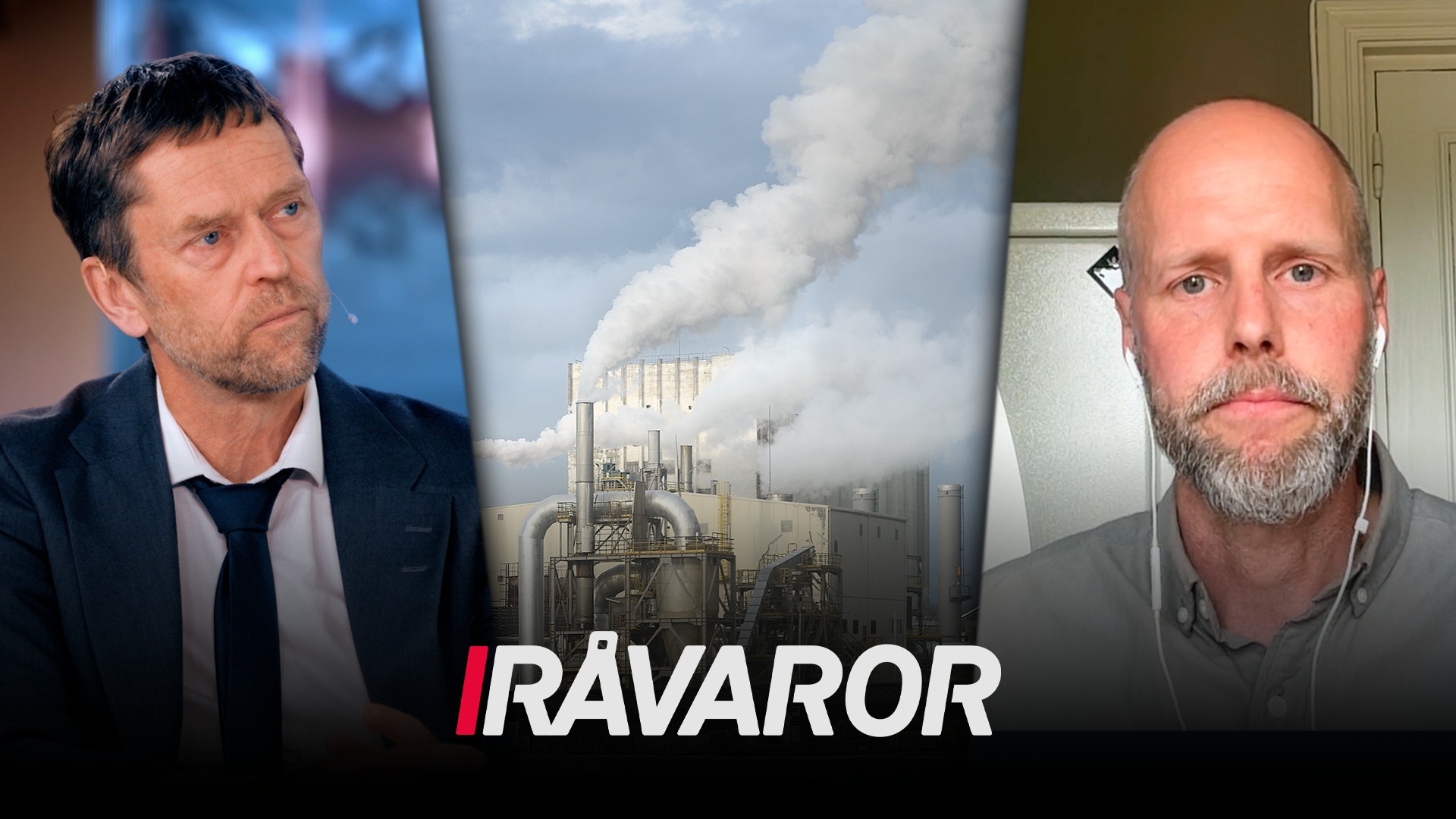 Sammansatt bild med två män på sidorna och en industrianläggning med rök i mitten. Texten Råvaror visas längst ned.