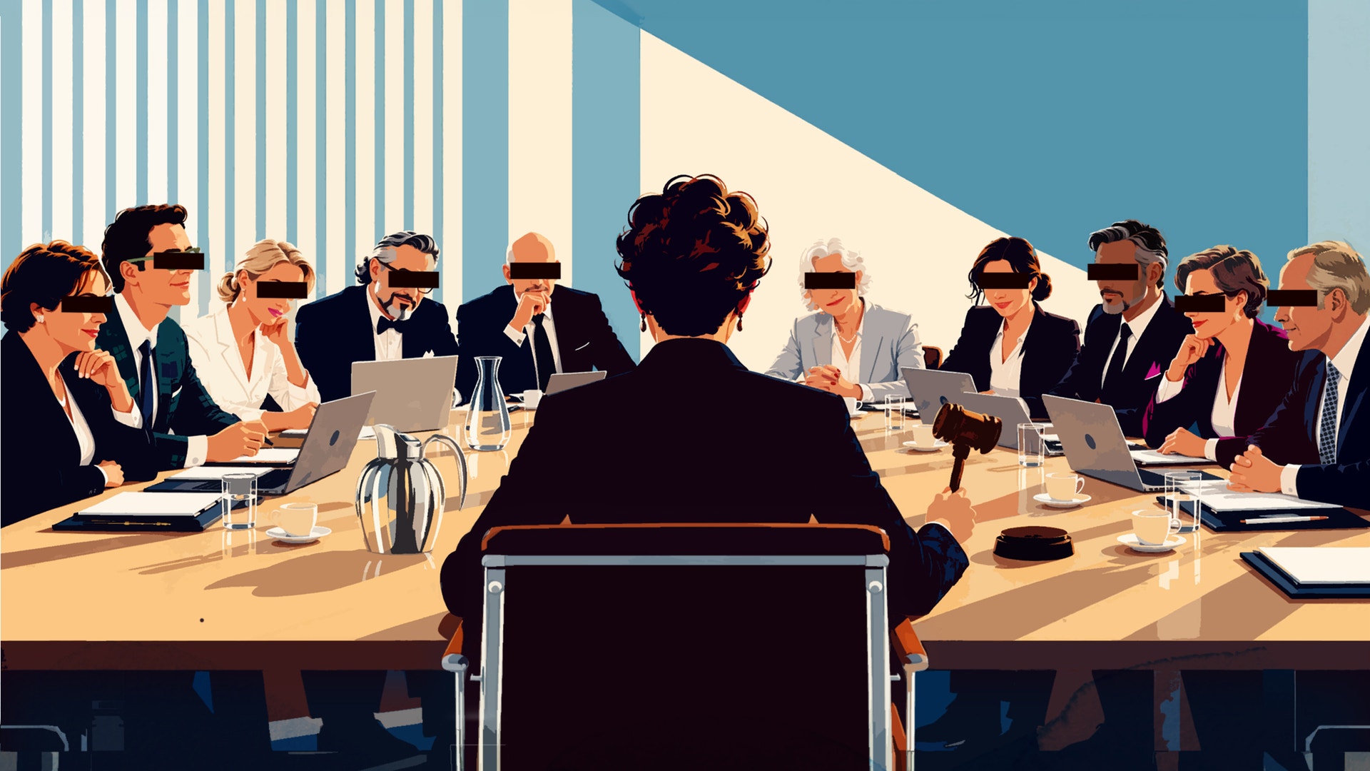 Illustration av en person sedd bakifrån som sitter vid ett långt konferensbord med en klubba i handen. Runt bordet sitter många personer i kostym med svarta streck över ögonen.
