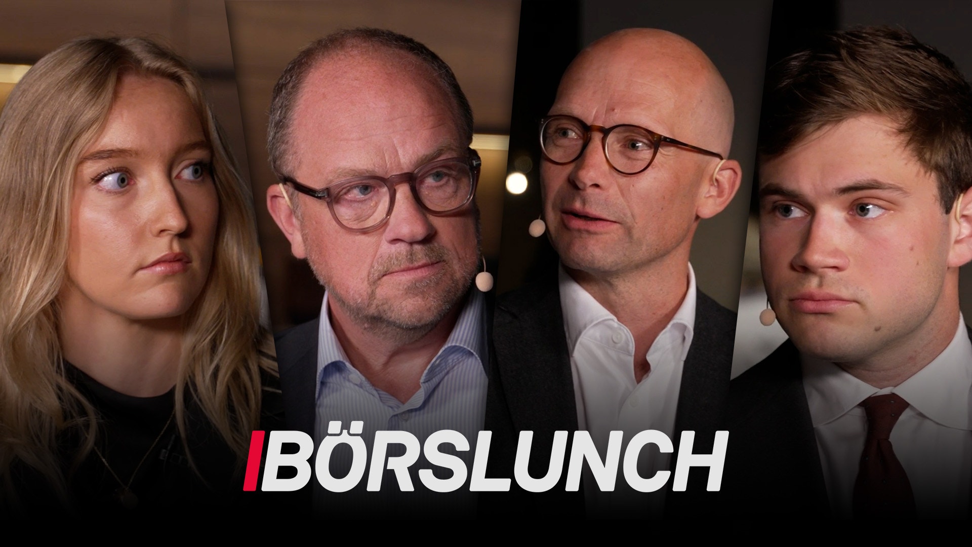 Promobild från Börslunch som visar fyra personer: en kvinna och tre män mot mörk bakgrund.
