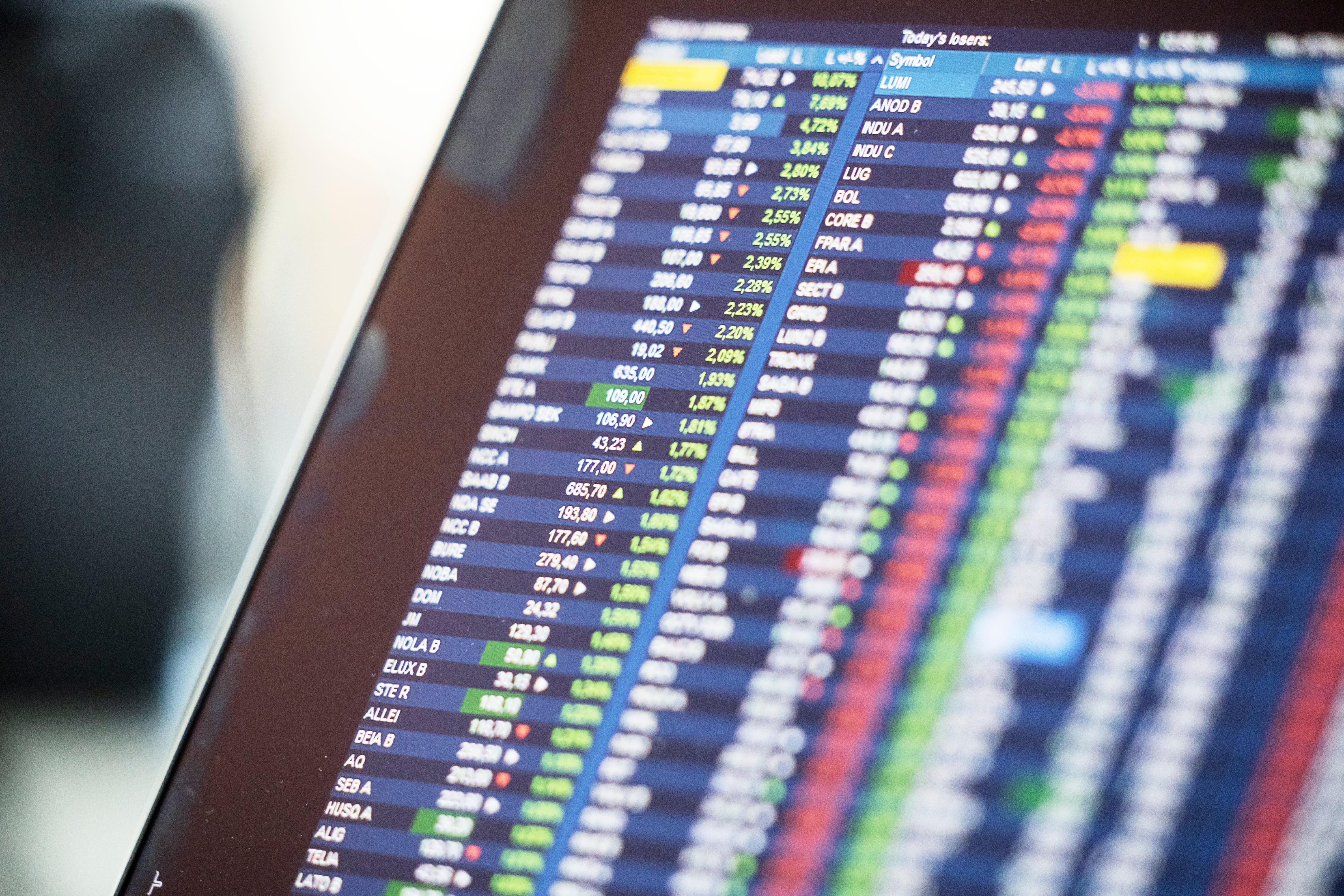 Närbild av en datorskärm som visar en tabell med aktiekurser och finansiell data i olika färger.