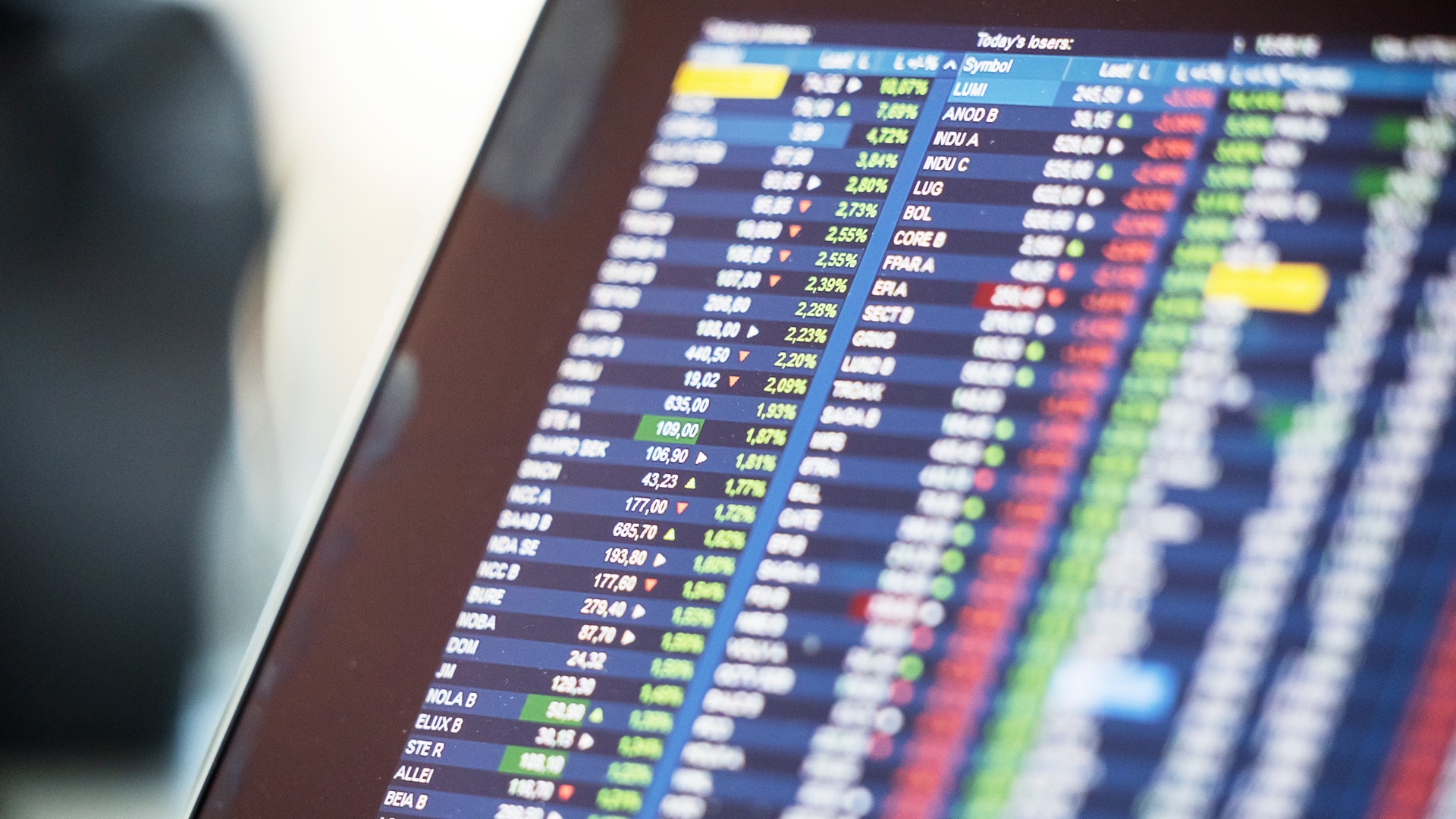 Närbild av en datorskärm som visar en tabell med aktiekurser och finansiell data i olika färger.