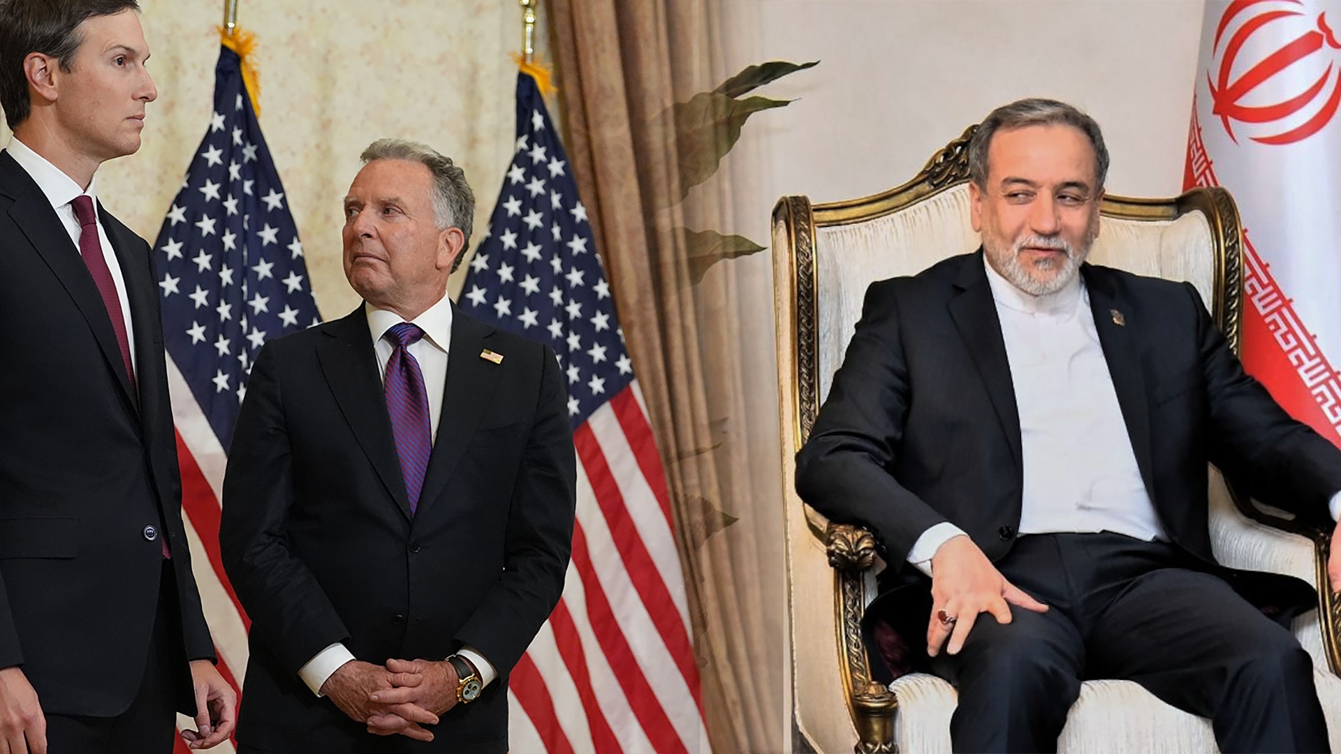 Formellt möte mellan amerikanska och iranska diplomater med flaggor i bakgrunden.