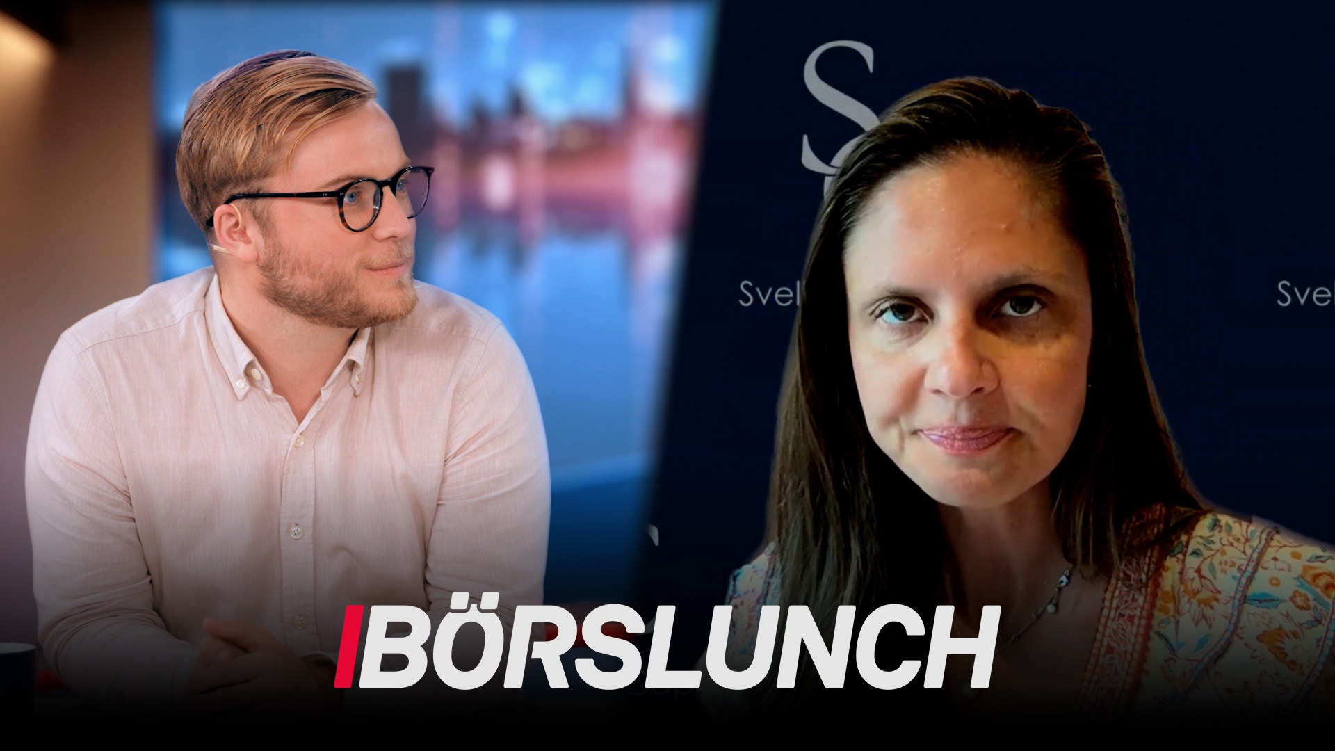 Två personer i en TV-studio under ett program kallat Börslunch