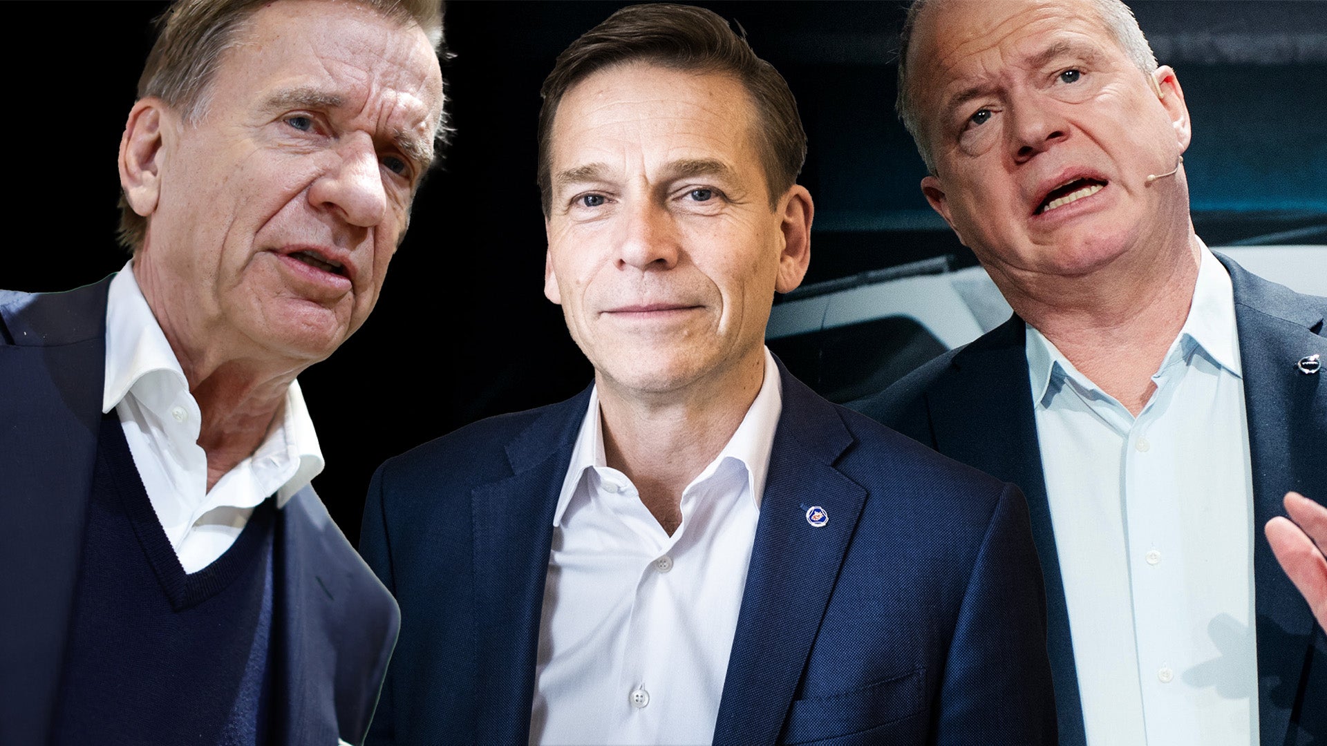 Tre män i affärskläder i samspråk med varandra