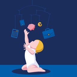 Illustration av ett barn som jonglerar med finansiella symboler som spargris, mynt, portfölj och räknare på en blå bakgrund.