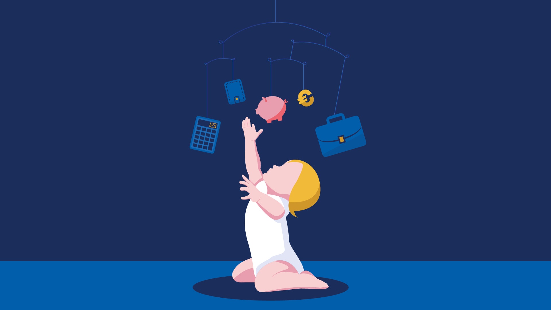 Illustration av ett barn som jonglerar med finansiella symboler som spargris, mynt, portfölj och räknare på en blå bakgrund.