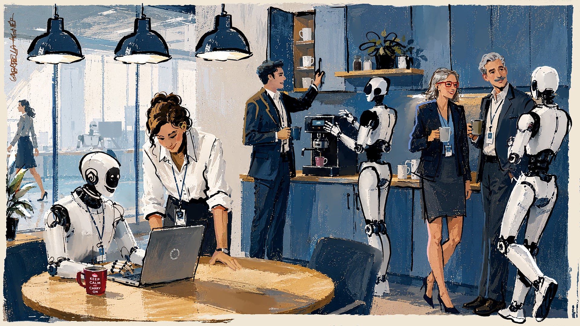 Illustration av ett modernt kontor där människor och vita humanoidrobotrar arbetar tillsammans. Människor sitter vid skrivbord och står i samtal medan robotar assisterar med arbetsuppgifter.