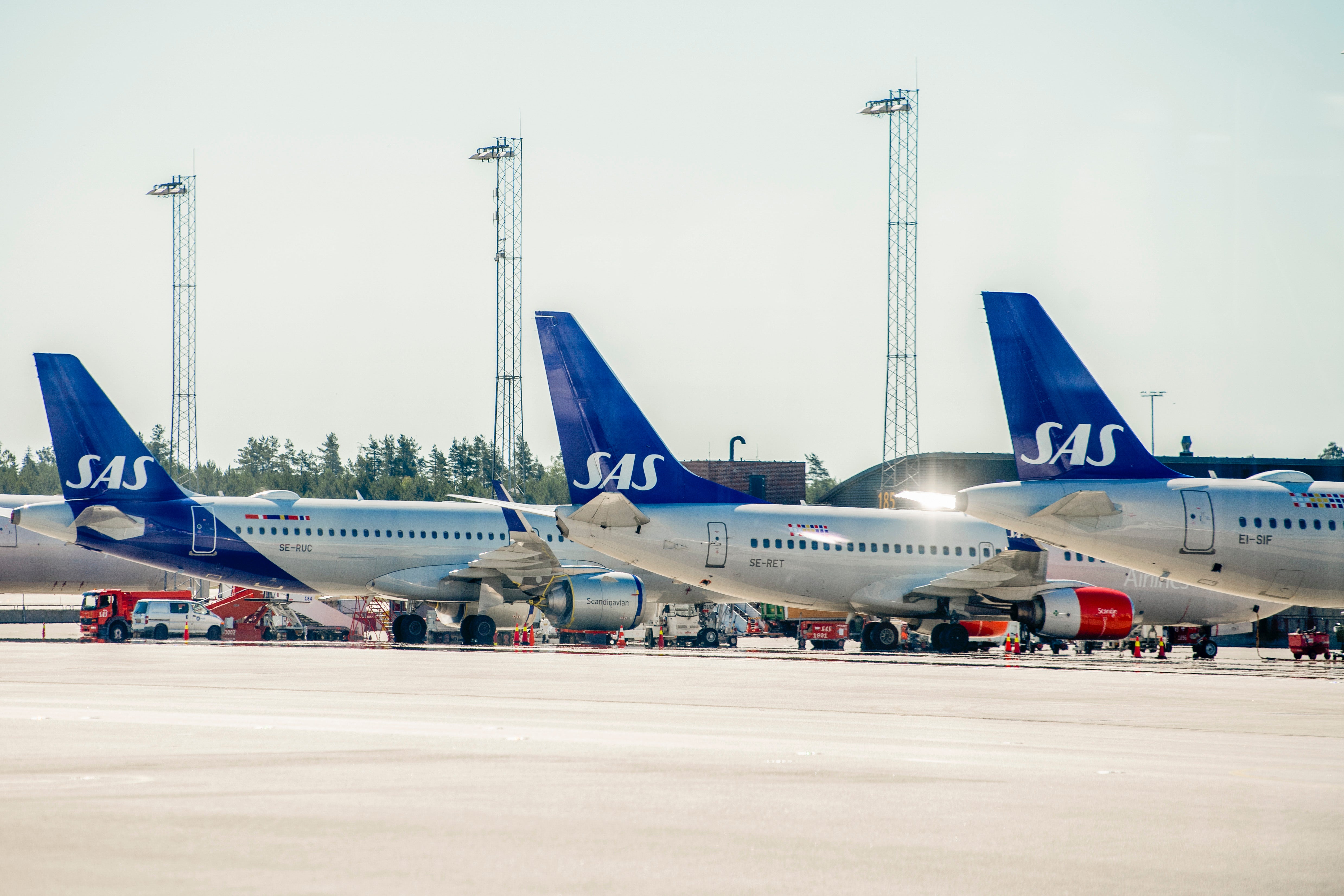 Tre SAS-flygplan parkerade på en flygplatsapron