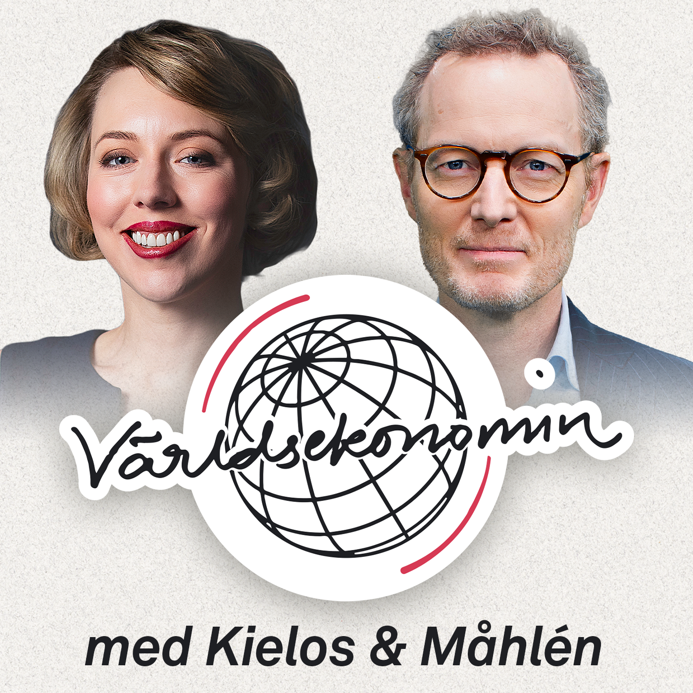 Podcast-omslag för Världsekonomin med två värdar och en jordglob.