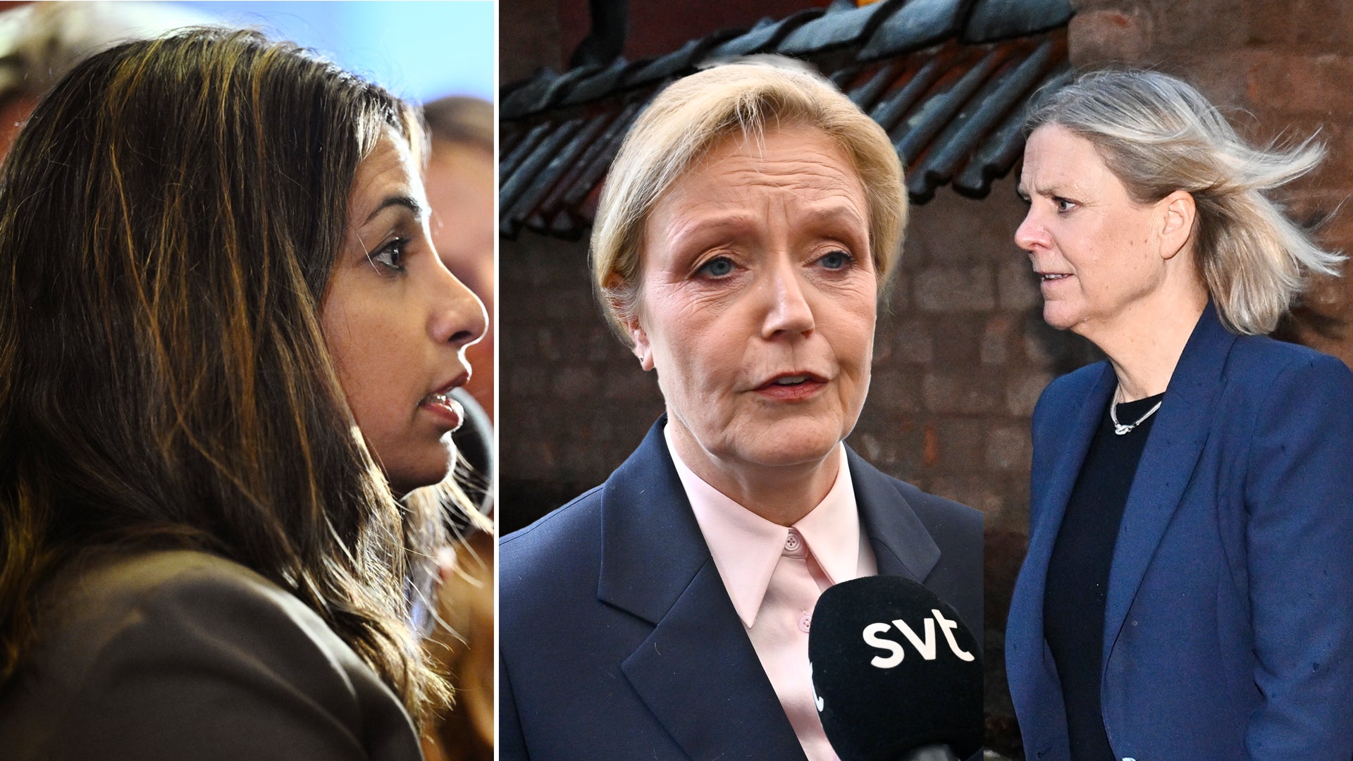 Collage med tre allvarsamma kvinnor. Till vänster en kvinna med långt mörkt hår i profil. I mitten en kvinna med kort ljust hår som talar in i en mikrofon från SVT. Till höger en kvinna med ljust halvlångt hår i blå kavaj.