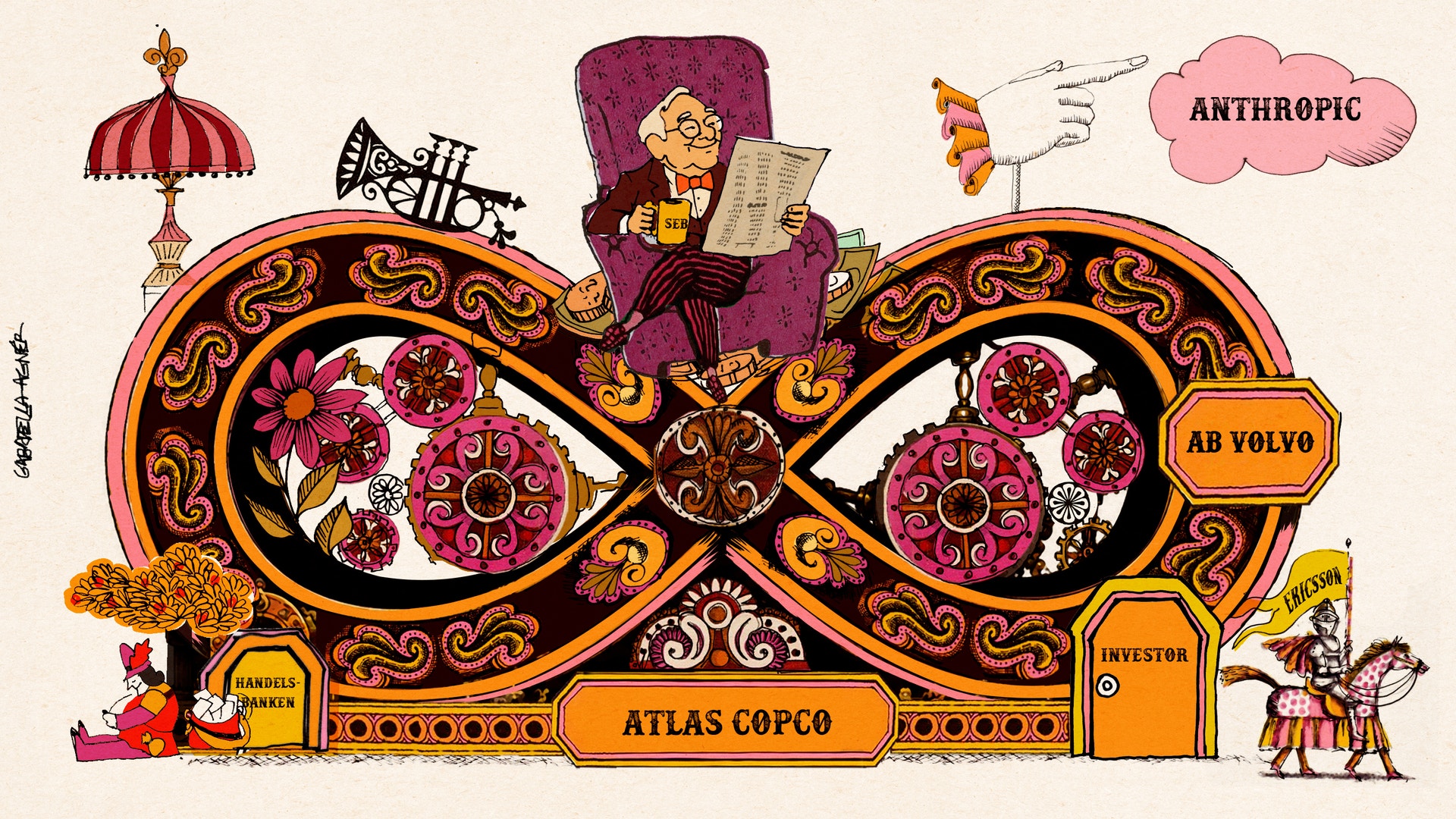 Illustrerad steampunk-maskin med två stora dekorativa kugghjul i mitten omgivna av ornamentala mönster. Små figurer och symboler representerar olika koncept runt maskinen.