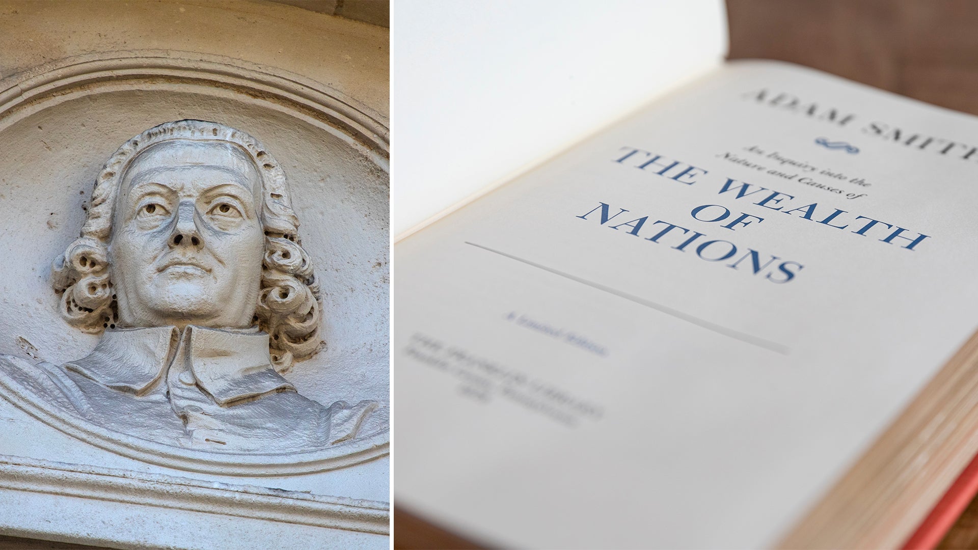 Sammansatt bild som visar en stenskulptur av ett mannansikt med lockigt hår på vänster sida och boken The Wealth of Nations av Adam Smith på höger sida.